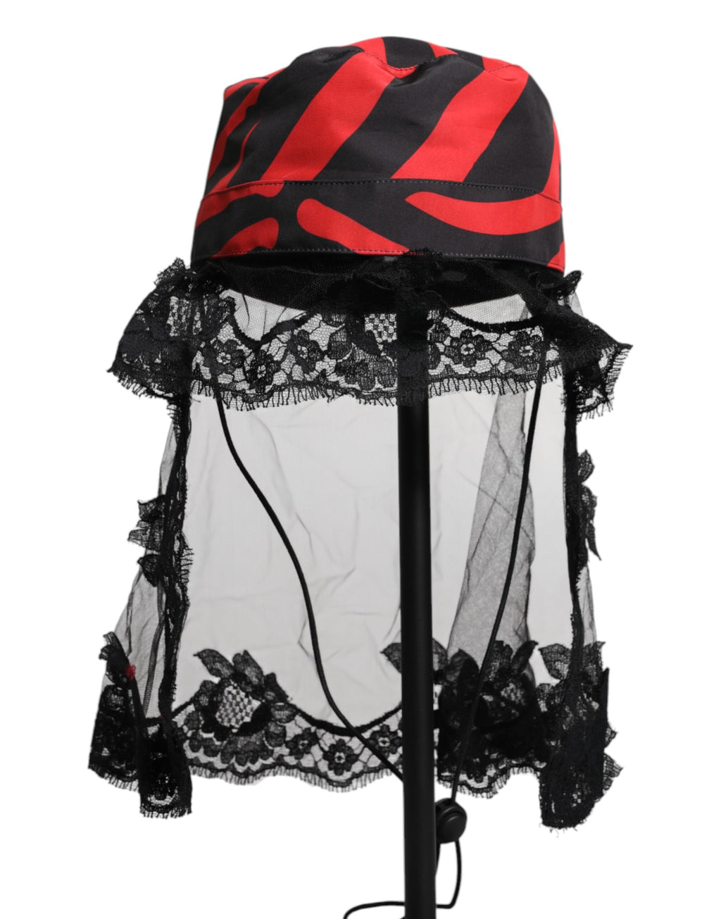 Black Red Stripes Lace Tulle Bucket Hat