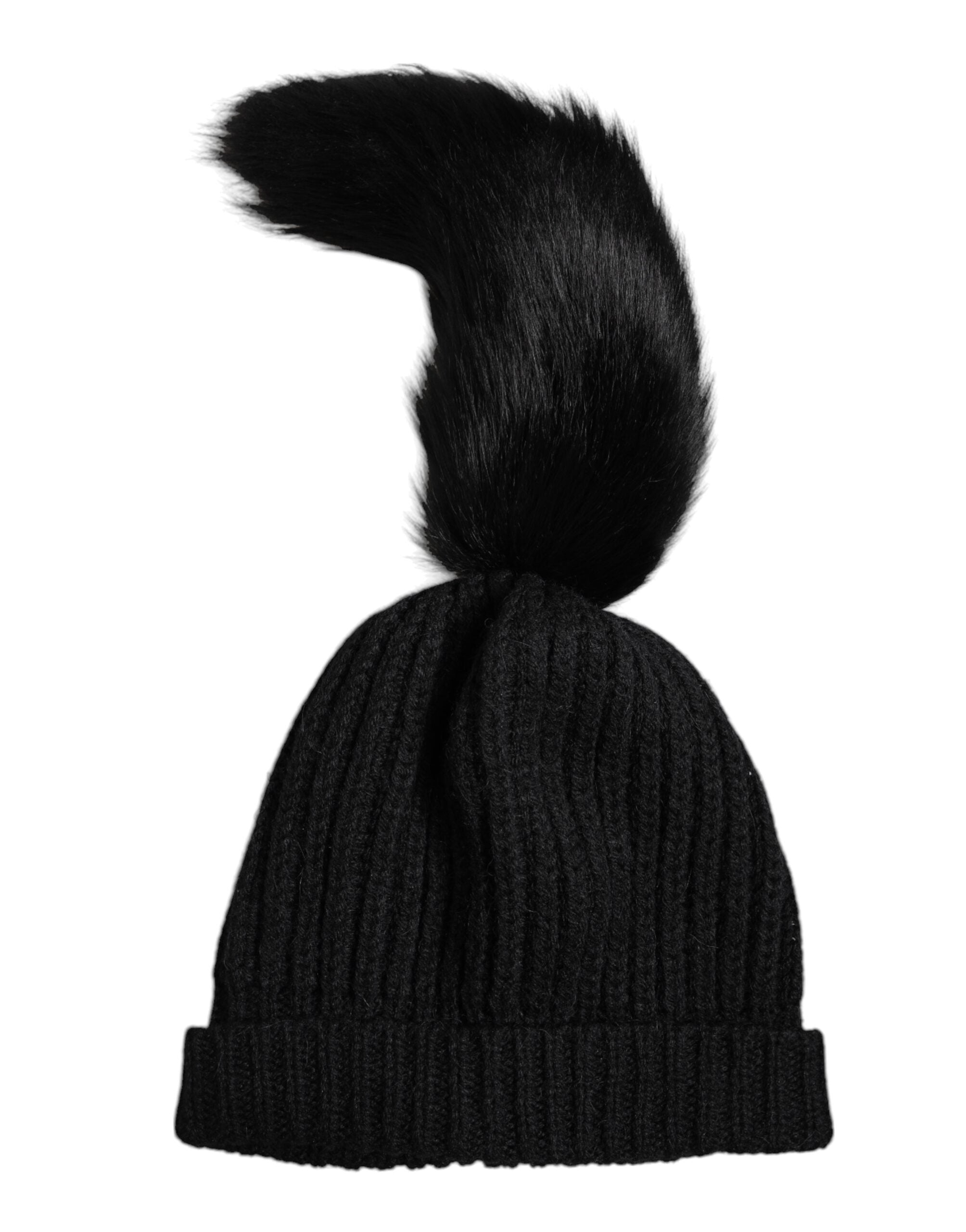 Black Acrylic Knitted Fur Winter Beanie Hat