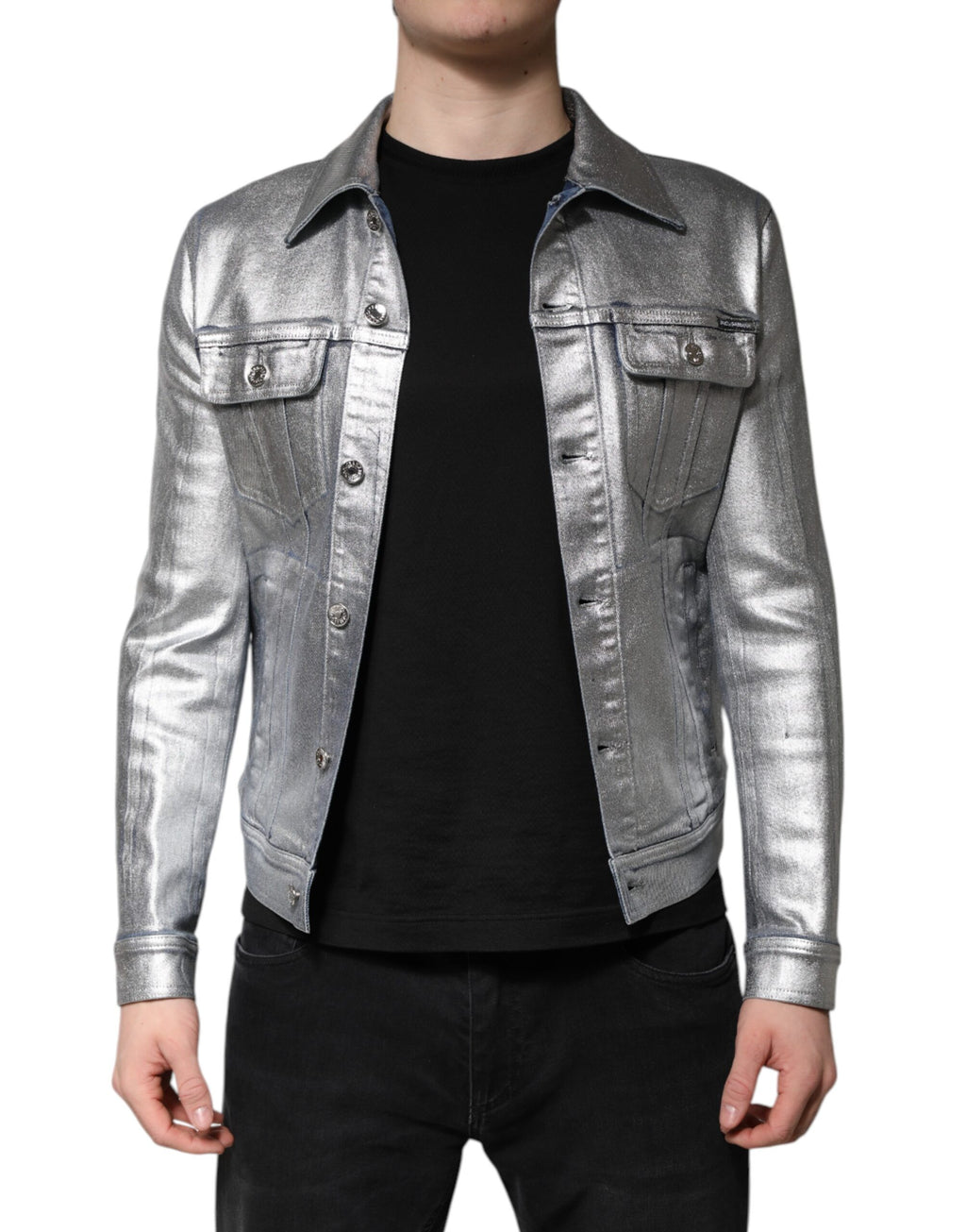 Silver Cotton Button Down Denim Biker Jacket