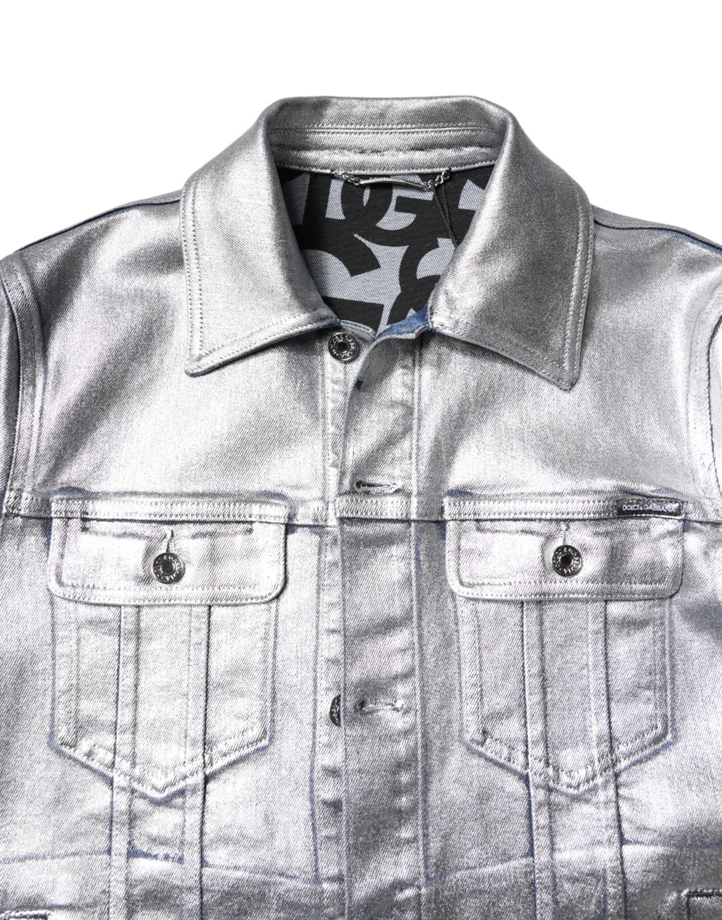 Silver Cotton Button Down Denim Biker Jacket