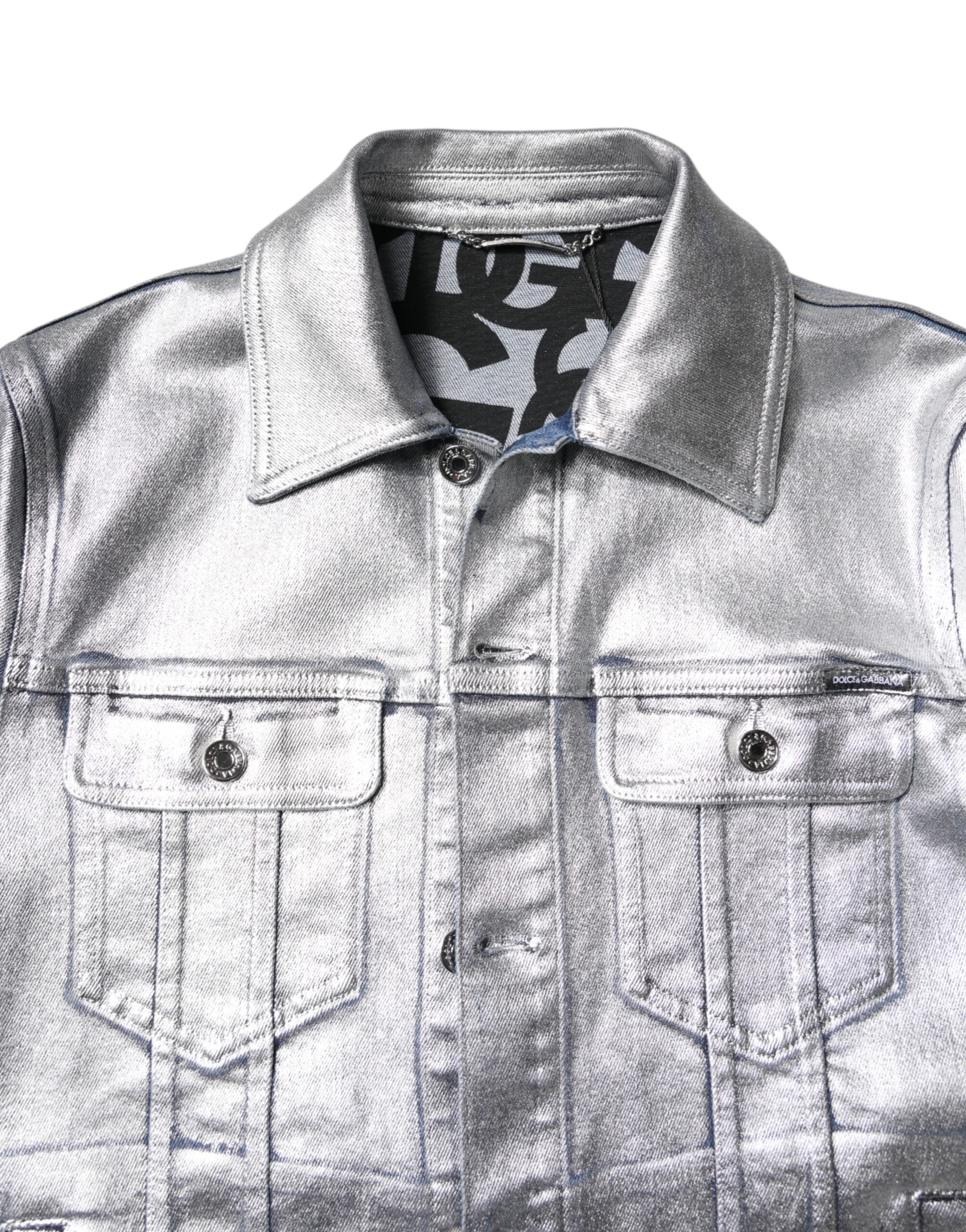 Silver Cotton Button Down Denim Biker Jacket