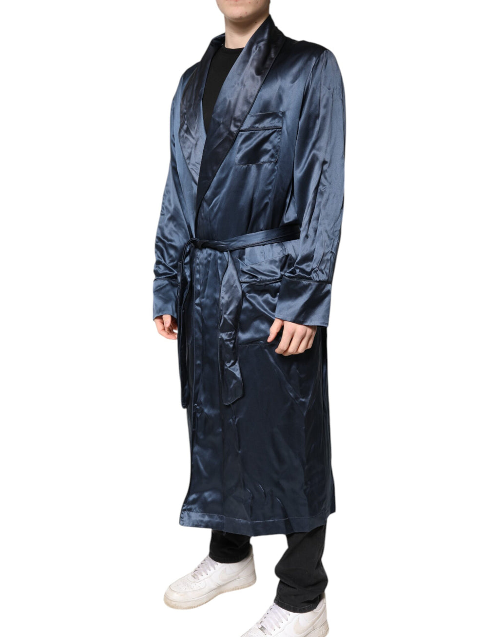 Blue Solid Silk Men Wrap Robe Coat Jacket
