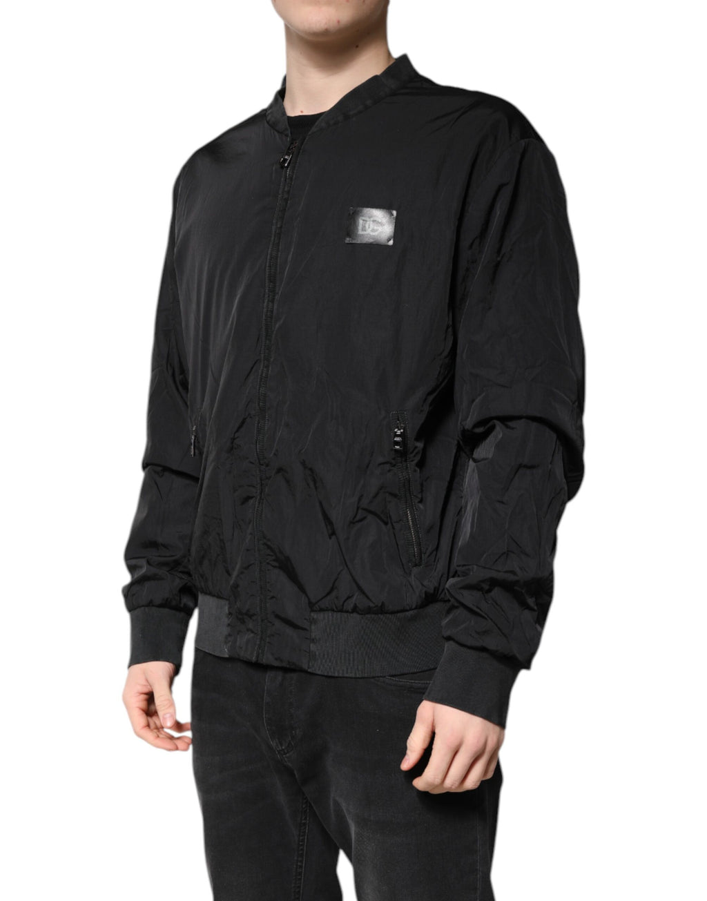 Black Nylon Logo Full Zip Bomber Jacket