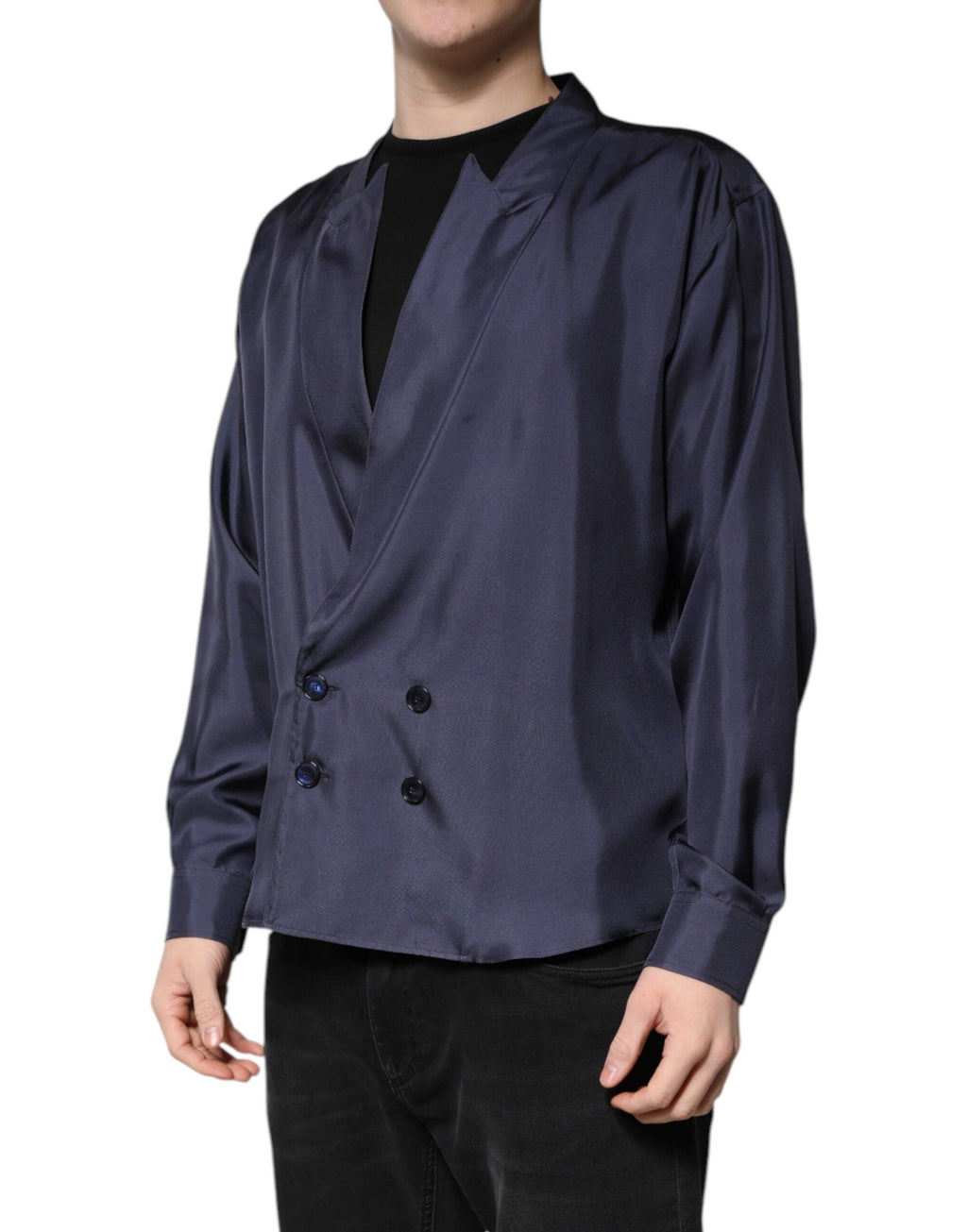 Dark Blue Silk Double Breasted Shirt