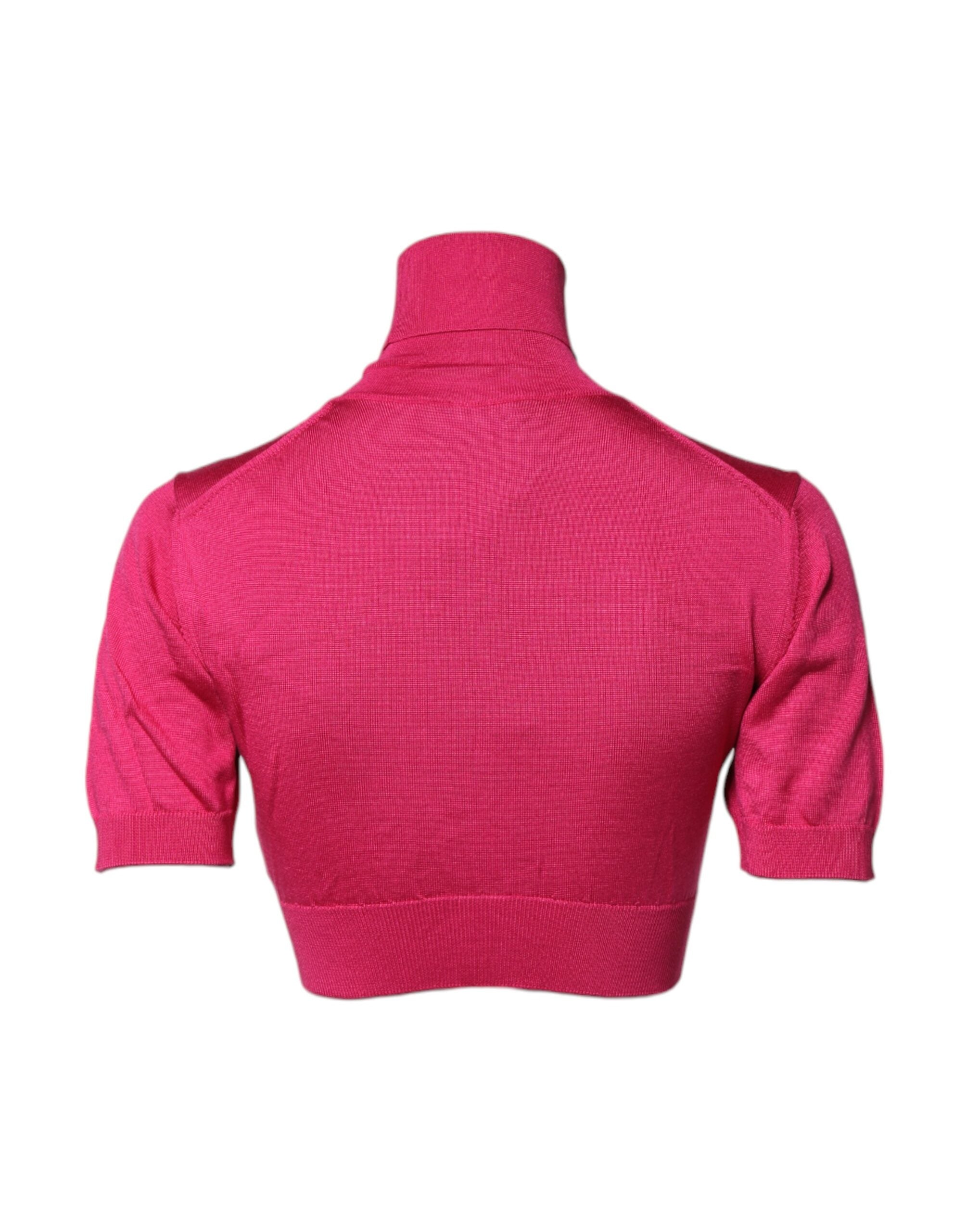 Pink Silk Knitted Turtleneck Cropped Top