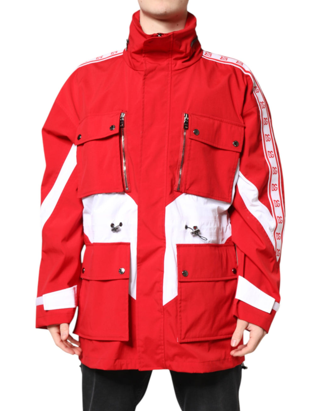 Red White Nylon Full Zip Windbreaker Jacket