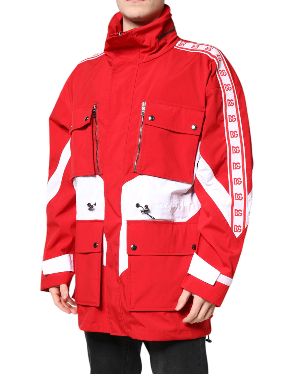 Red White Nylon Full Zip Windbreaker Jacket