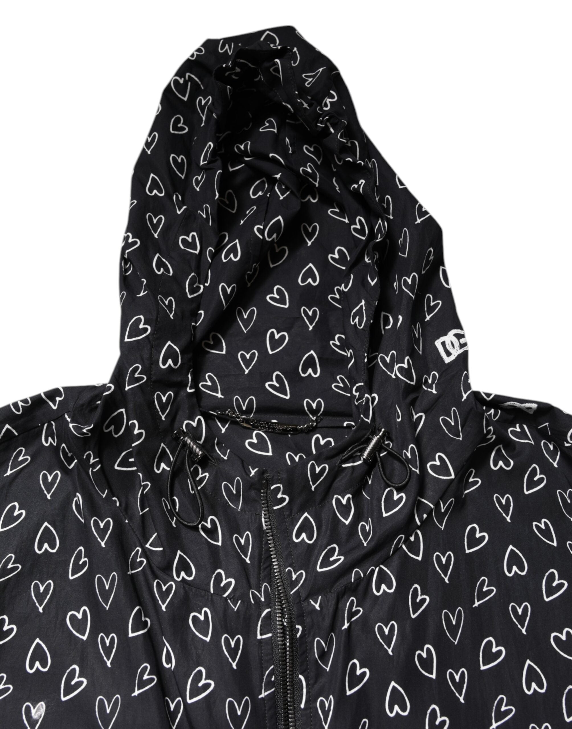 Black Heart Print Hooded Windbreaker Jacket