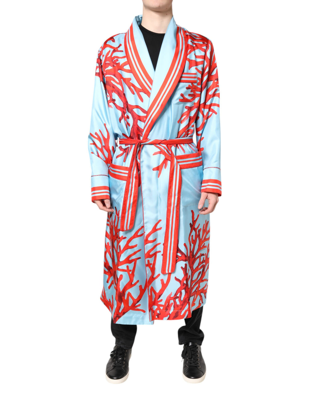 Blue Red Coral Print Wrap Robe Coat Jacket