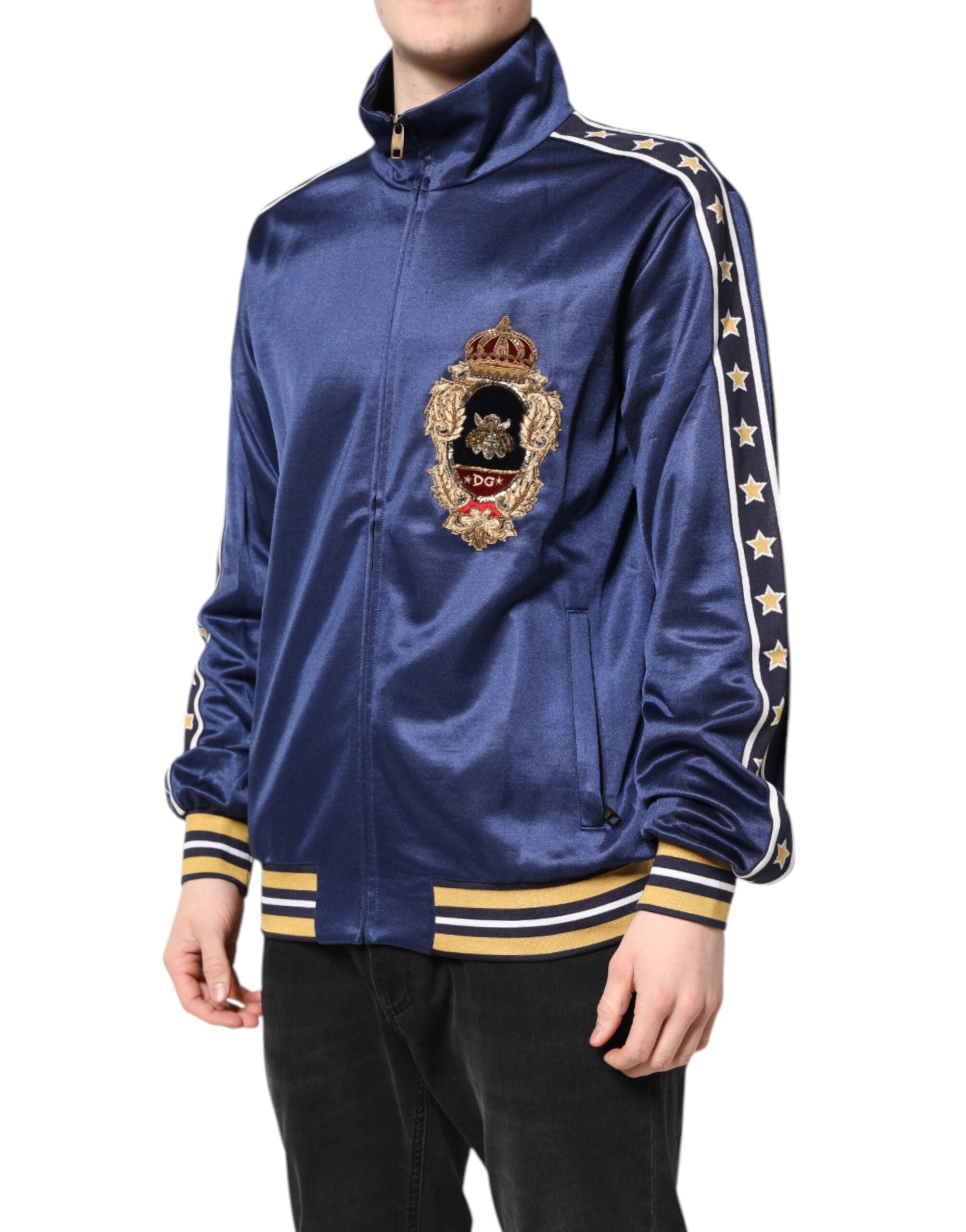 Blue Nylon Logo Patch Men Bomber Sweater