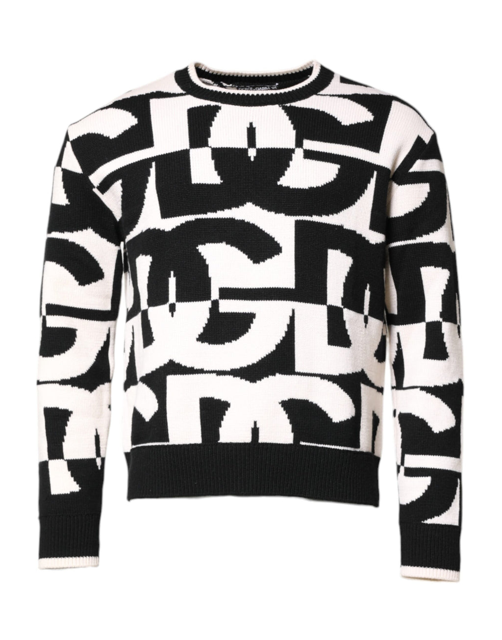 Black White Knit Logo Print Pullover Sweater