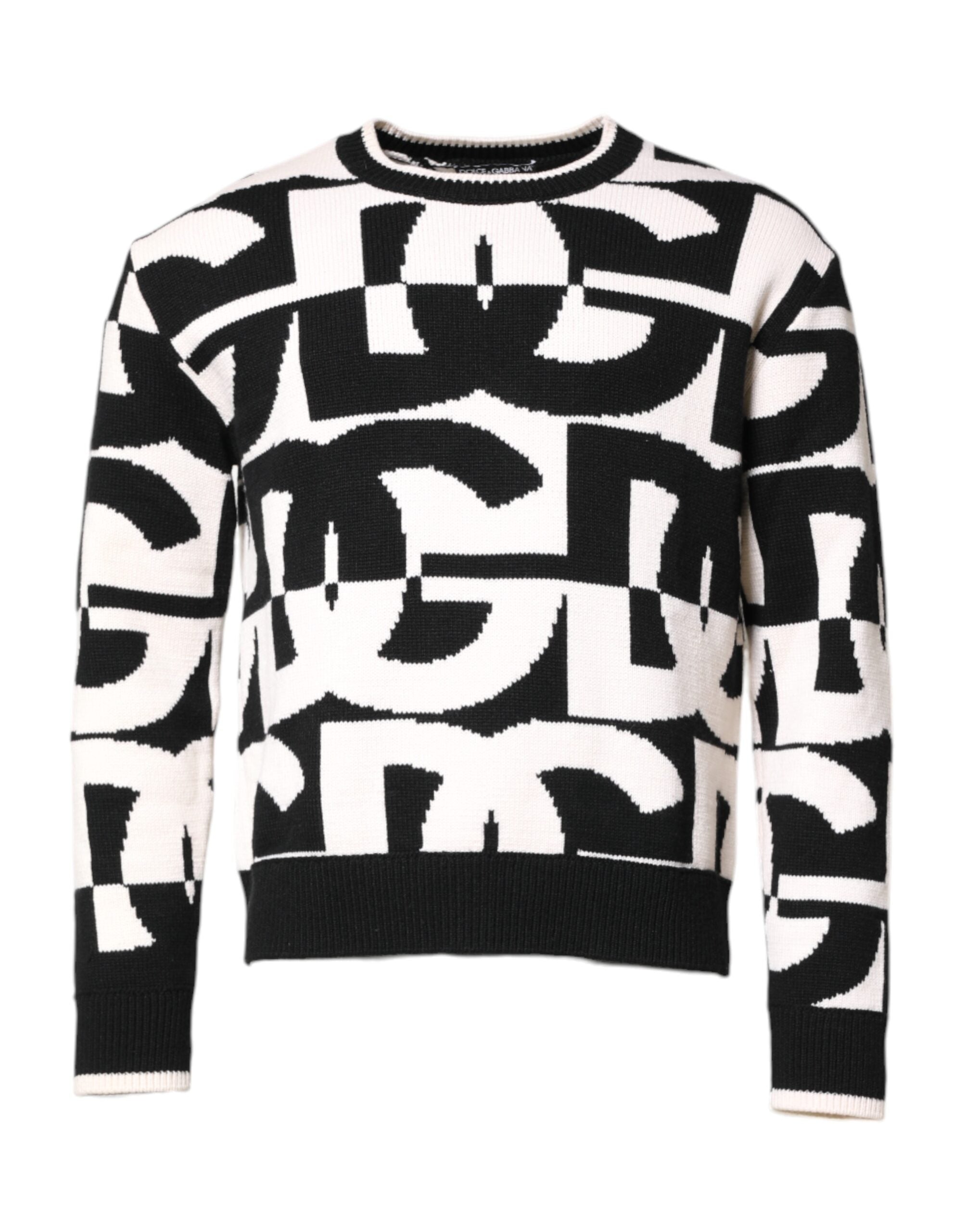 Black White Knit Logo Print Pullover Sweater