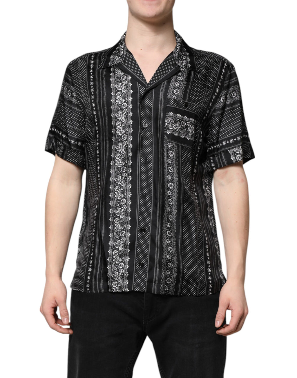 Black Silk Floral Print Short Sleeves Shirt