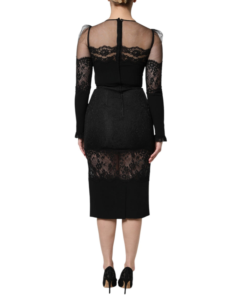 Black Lace Trim Nylon Tulle Sheath Midi Dress