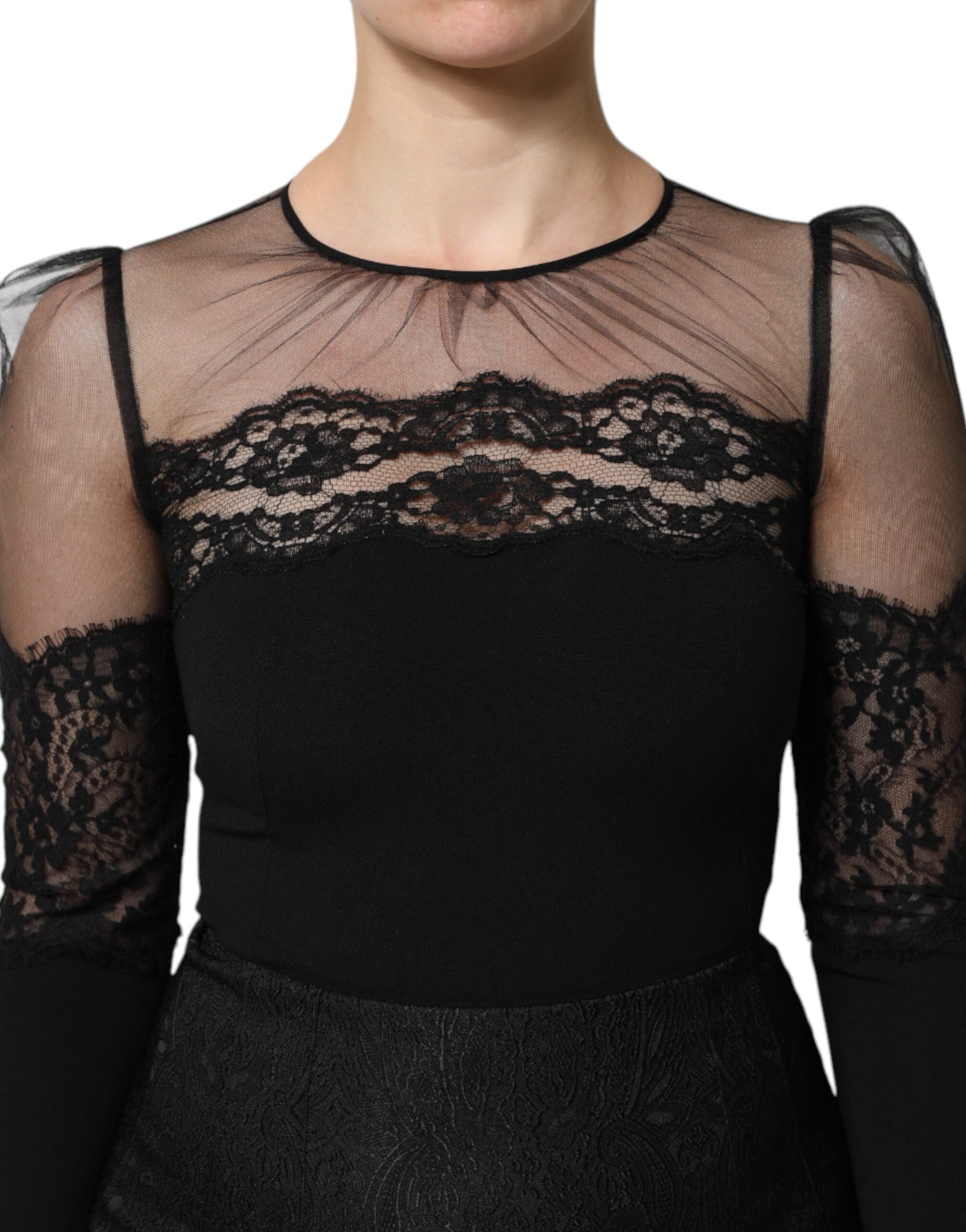 Black Lace Trim Nylon Tulle Sheath Midi Dress