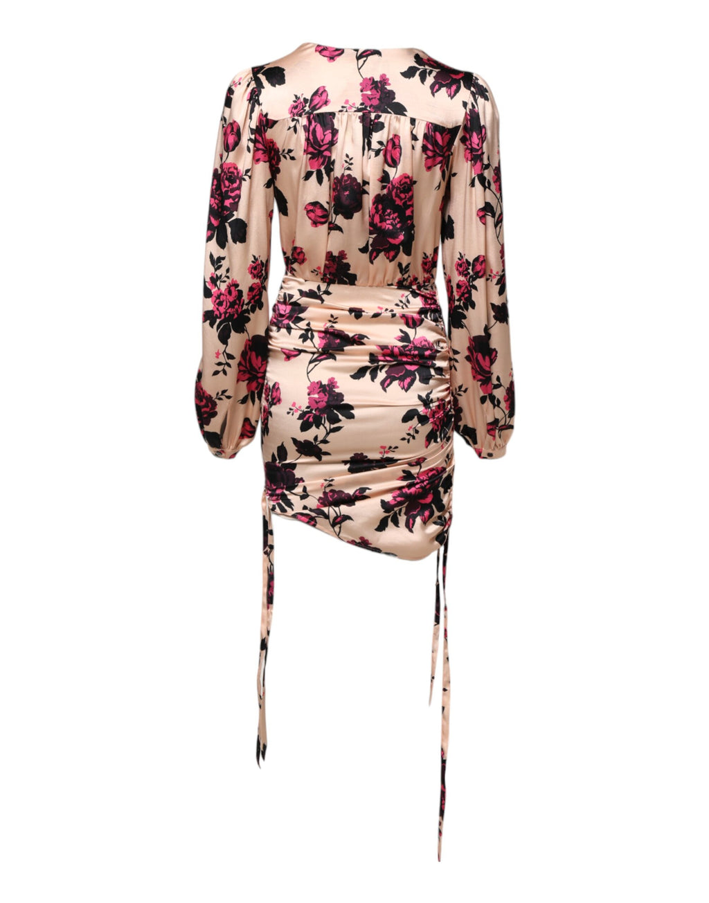 Pink Floral Silk Long Sleeves V-neck Ruched Mini Dress