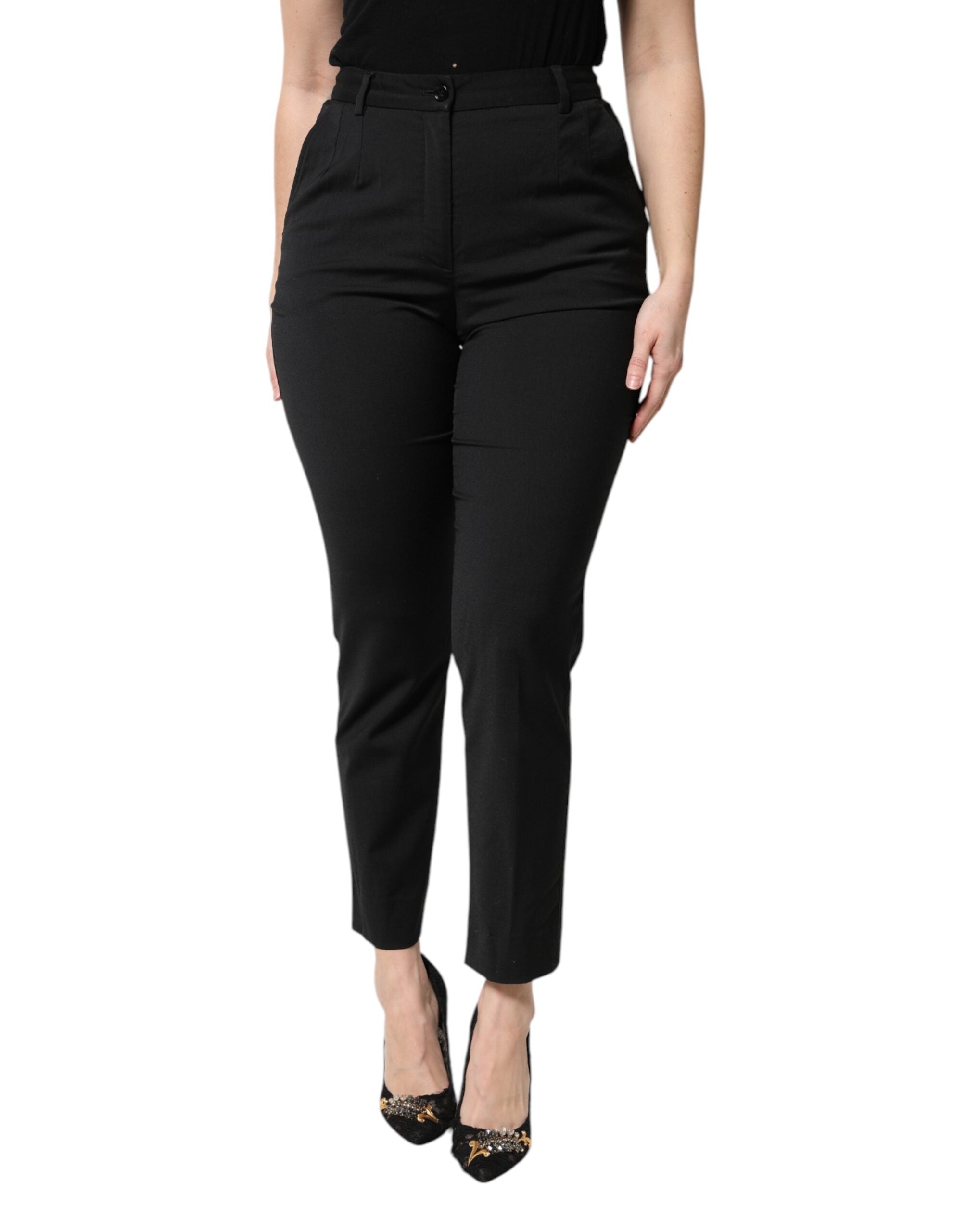 Black Polyester High Waist Slim Pants