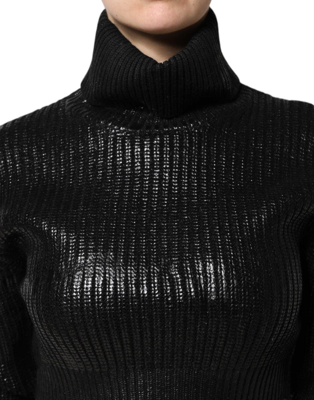 Black Wool Long Sleeve Turtleneck Cropped Top