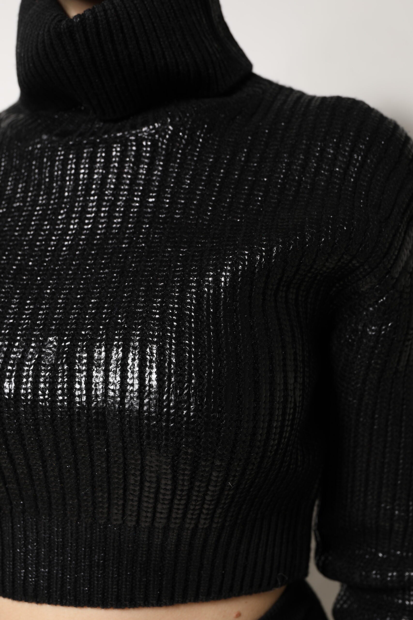 Black Wool Long Sleeve Turtleneck Cropped Top