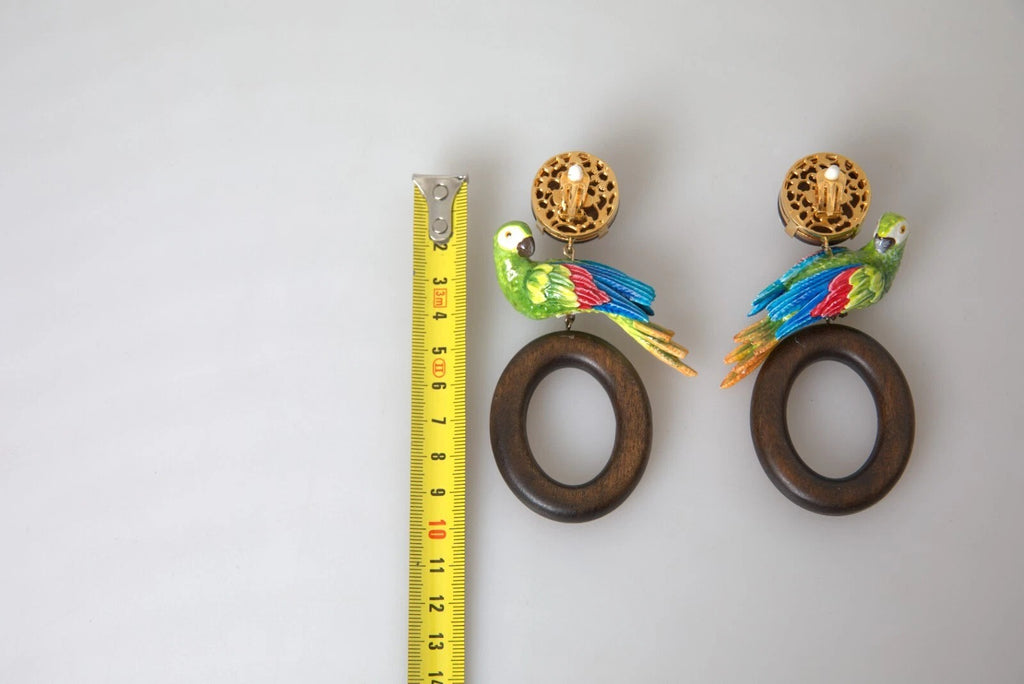 Multicolor Parrot Wood Brass Crystal Embellished Earrings