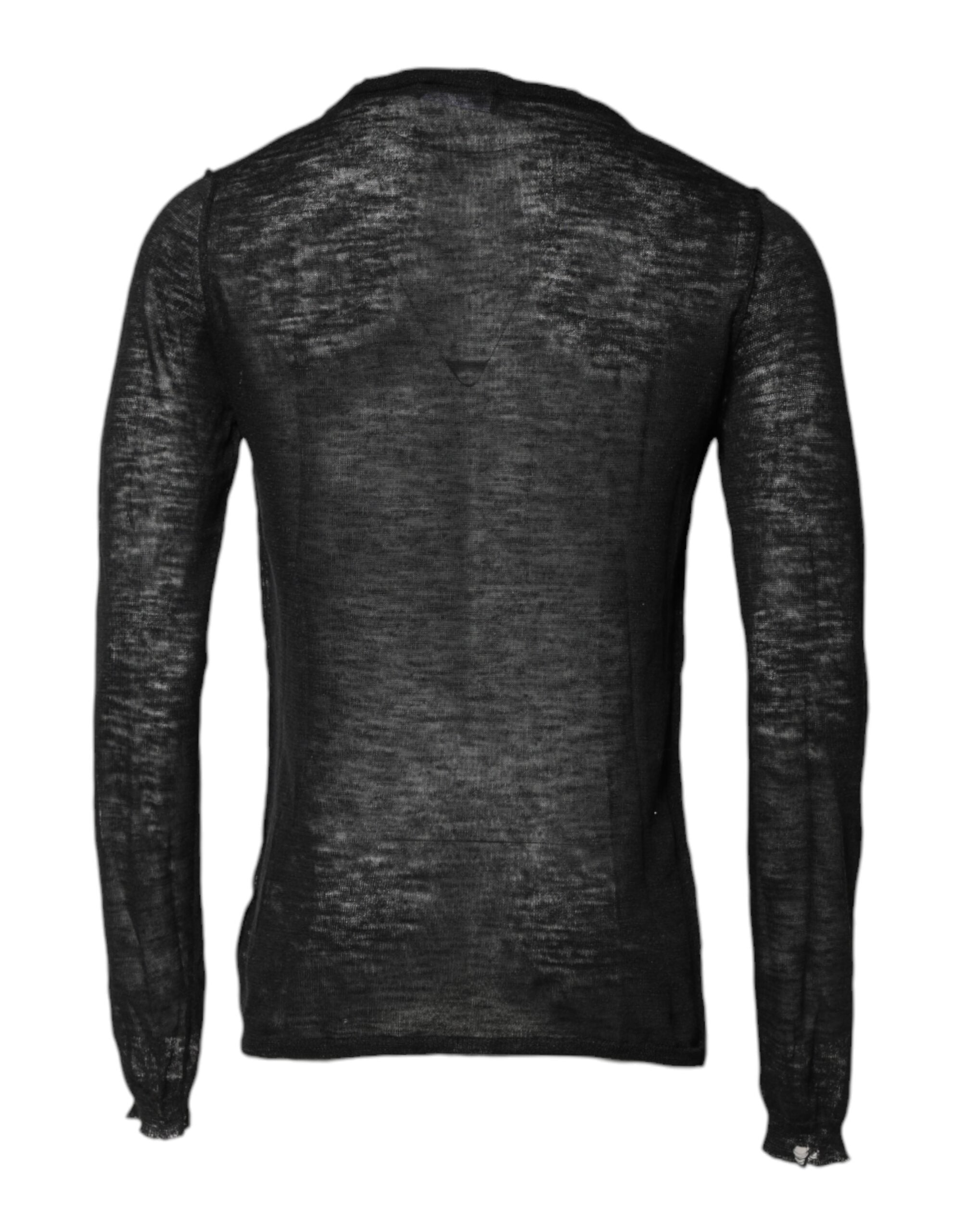 Black Polyester Crew Neck Pullover Sweater