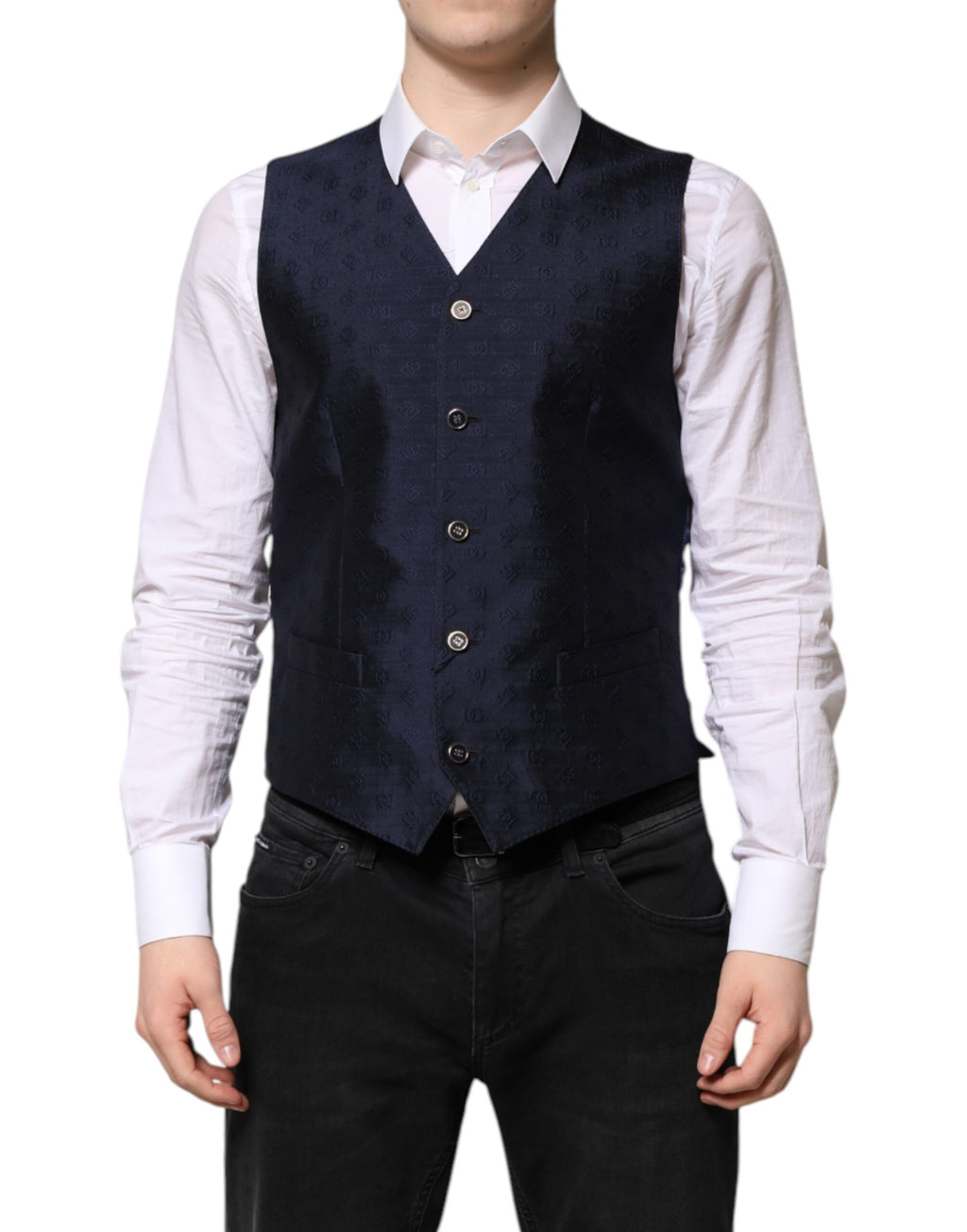 Dark Blue Logo Wool Formal Men Waistcoat Vest