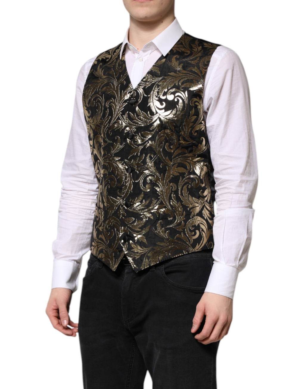 Black Gold Jacquard Formal Men Waistcoat Vest