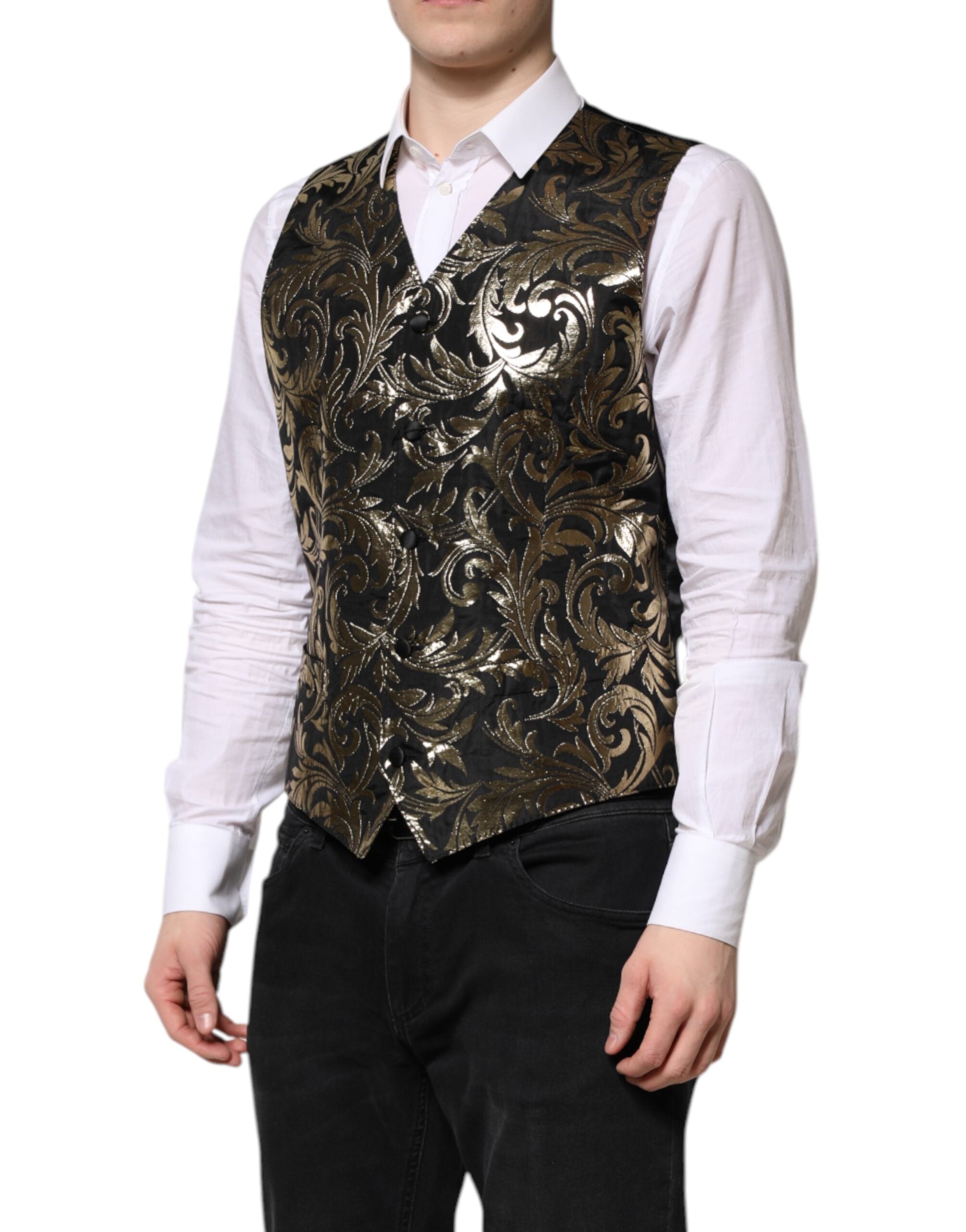 Black Gold Jacquard Formal Men Waistcoat Vest