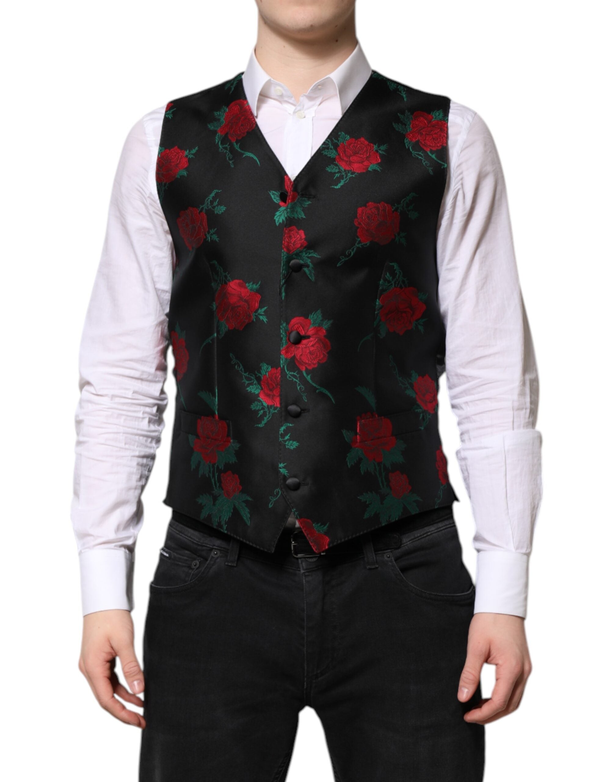 Red Floral Brocade Formal Men Waistcoat Vest