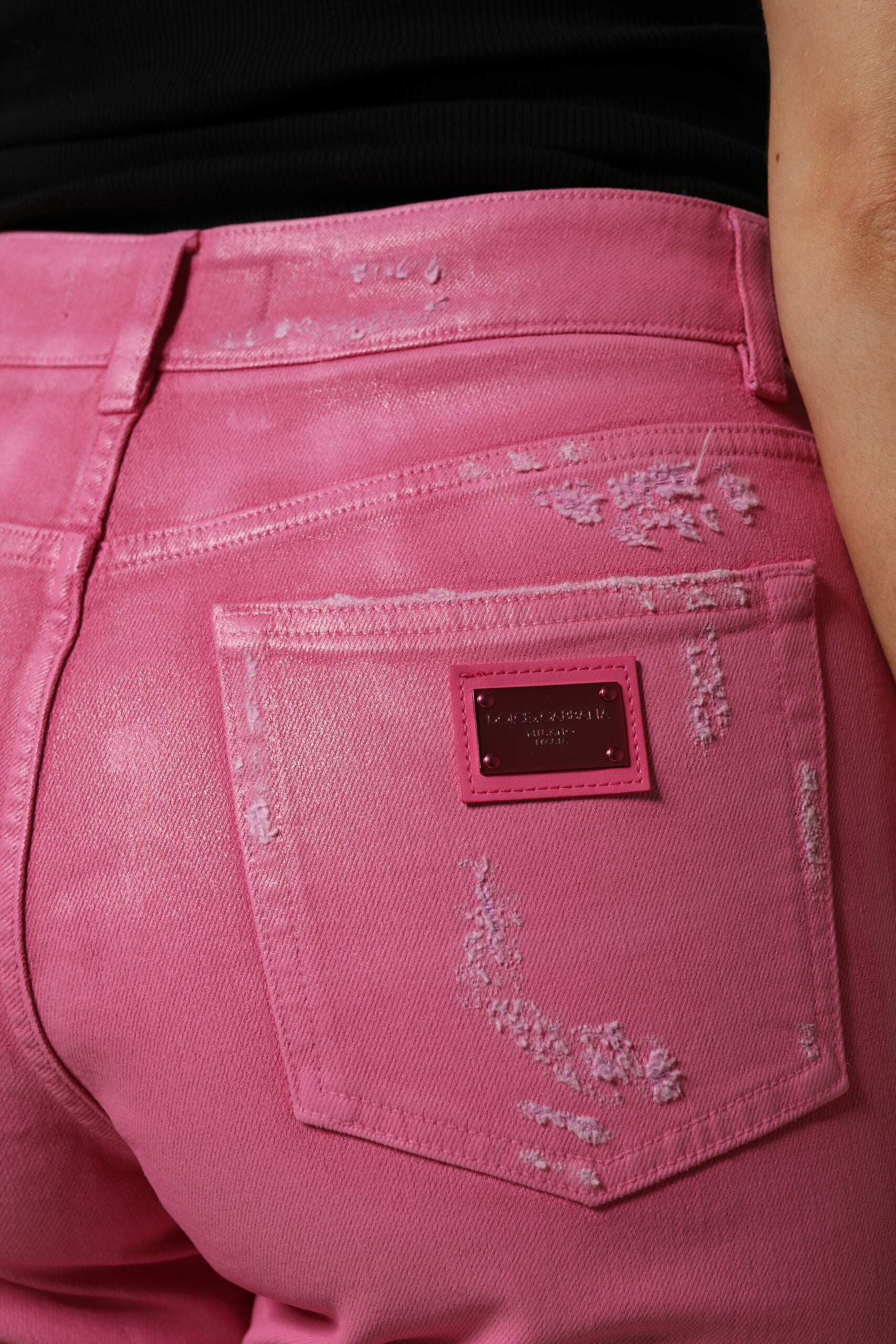 Pink Tattered Mid Waist Tapered Denim Jeans