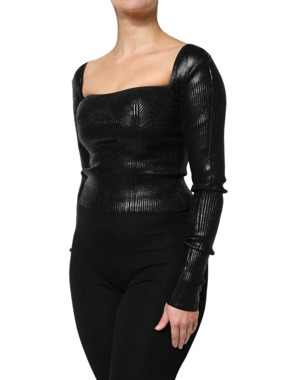 Black Viscose Long Sleeves Fitted Blouse Top