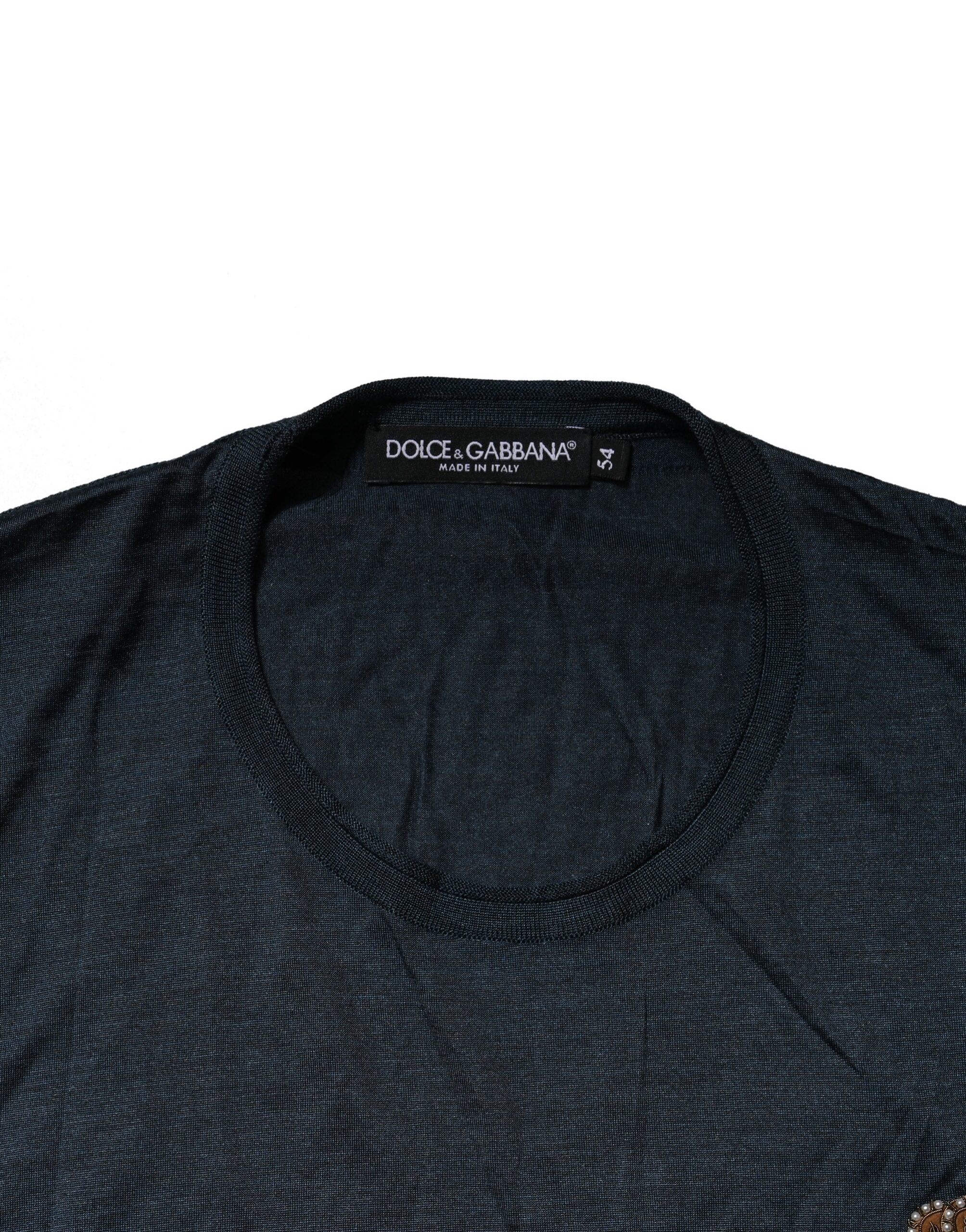 Dark Blue Silk Logo Patch Crew Neck T-shirt