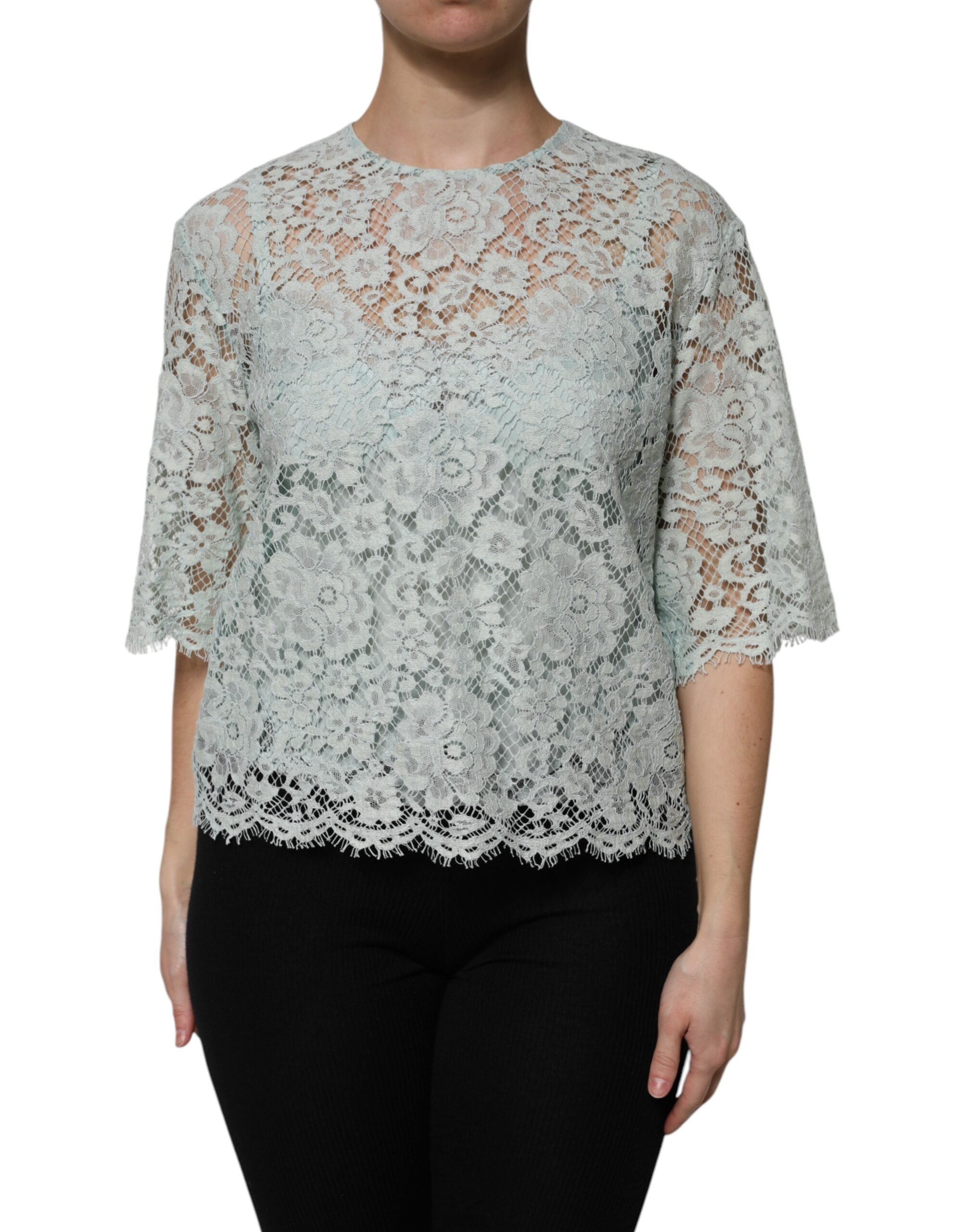 Mint Green Floral Lace Cotton Blouse Top