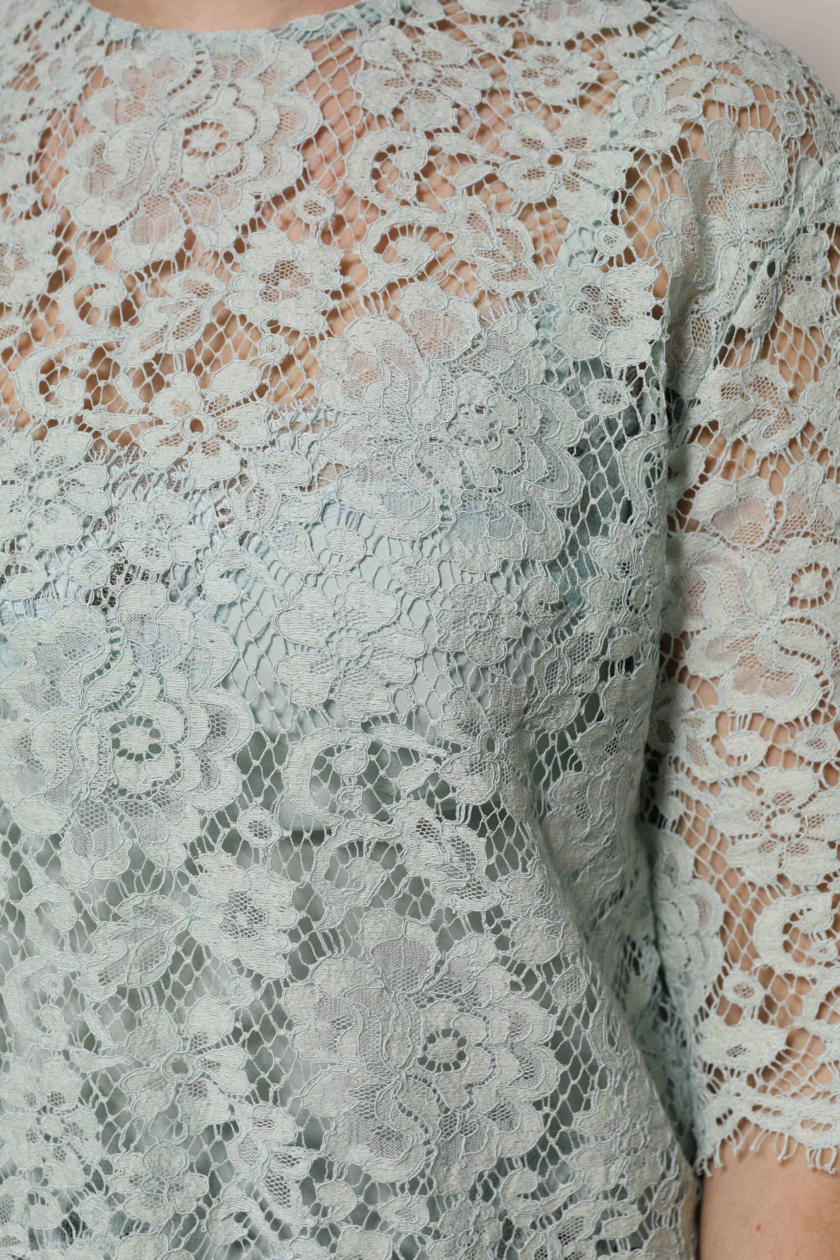 Mint Green Floral Lace Cotton Blouse Top