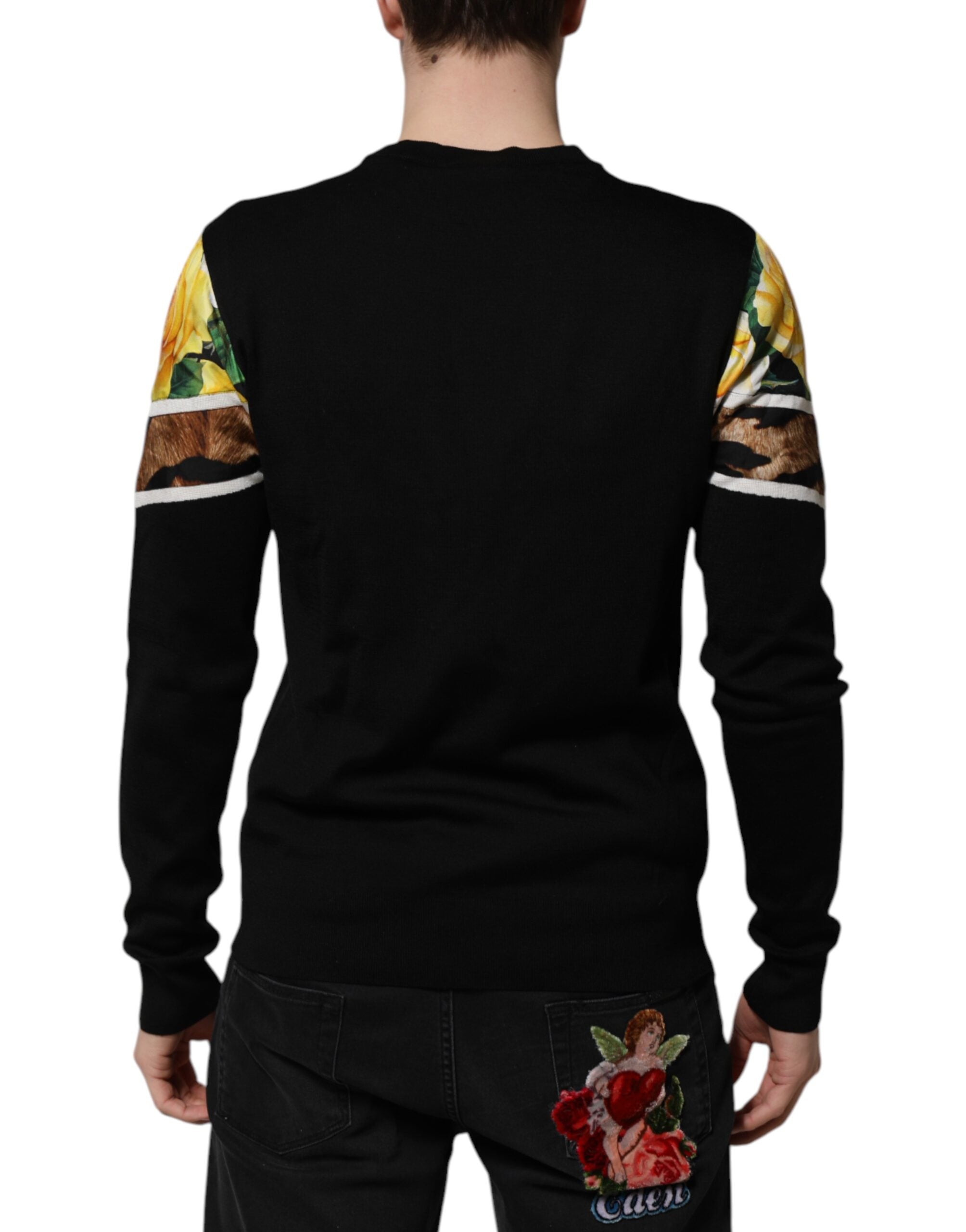 Black Silk Floral Crew Neck Pullover Sweater