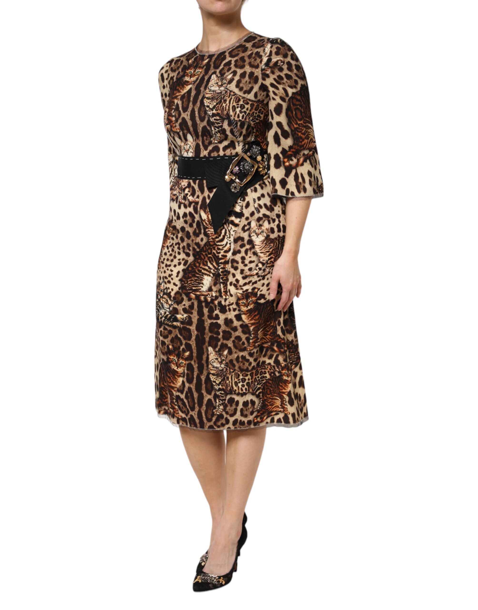 Brown Leopard Print Belted A-line Midi Dress