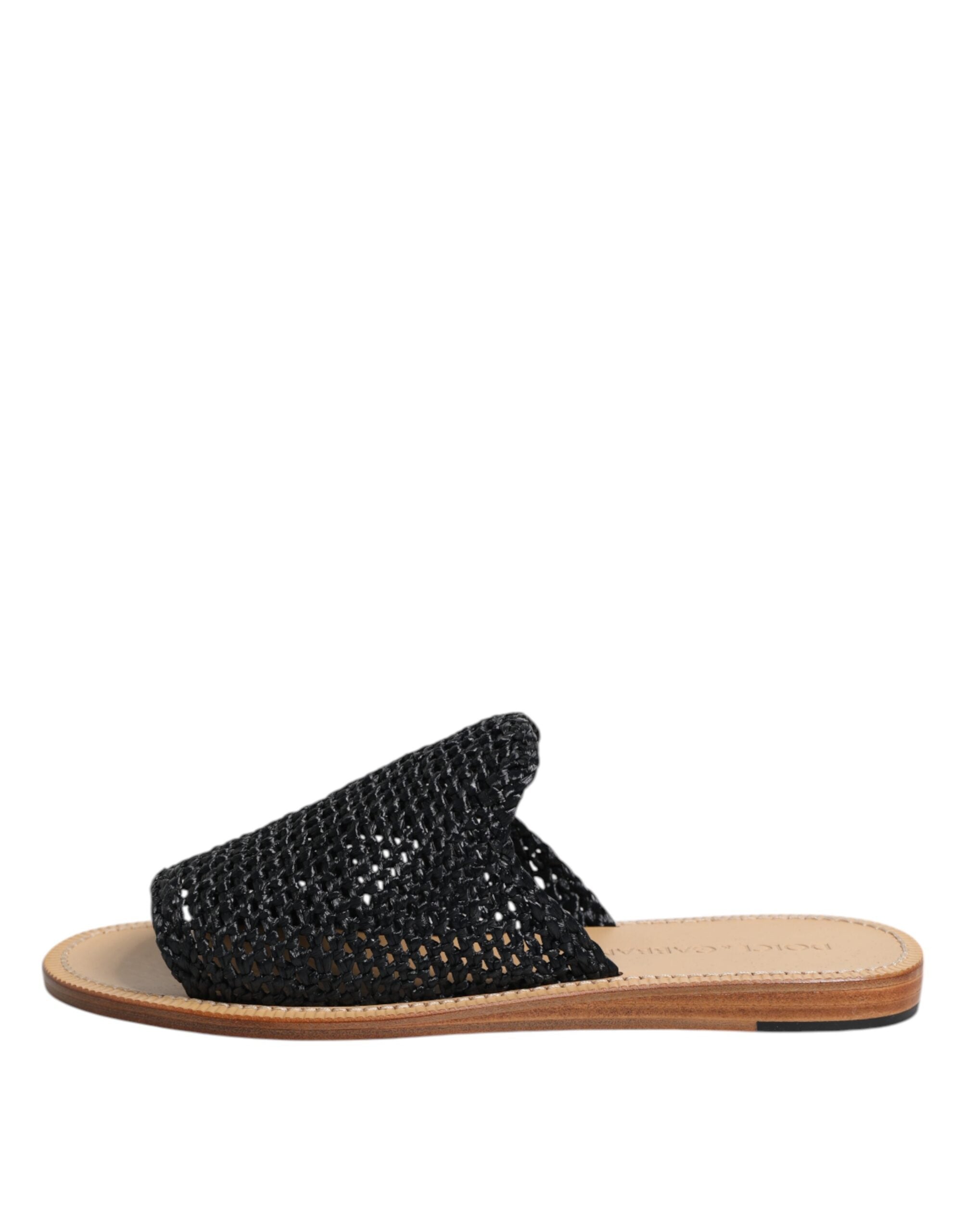 Black Monochrome Braided Raffia Slides Shoes