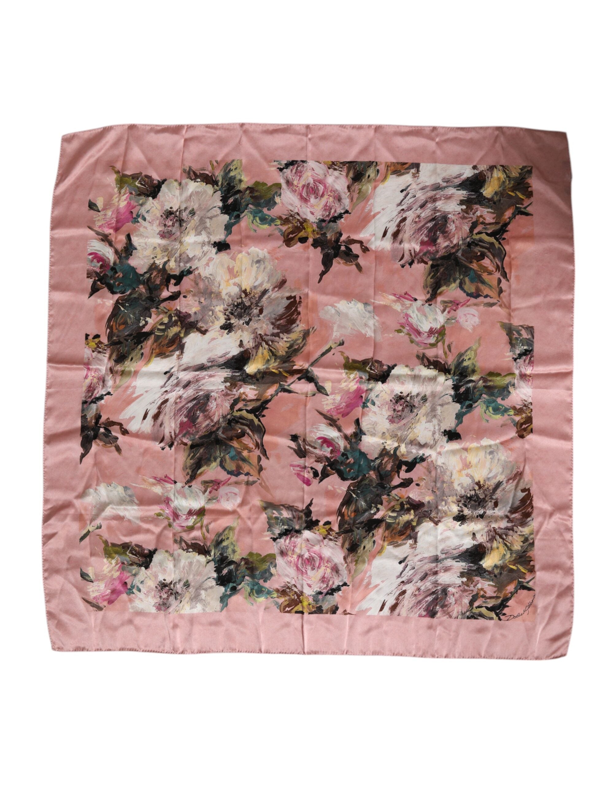 Pink Silk Floral Print Square Foulard Scarf