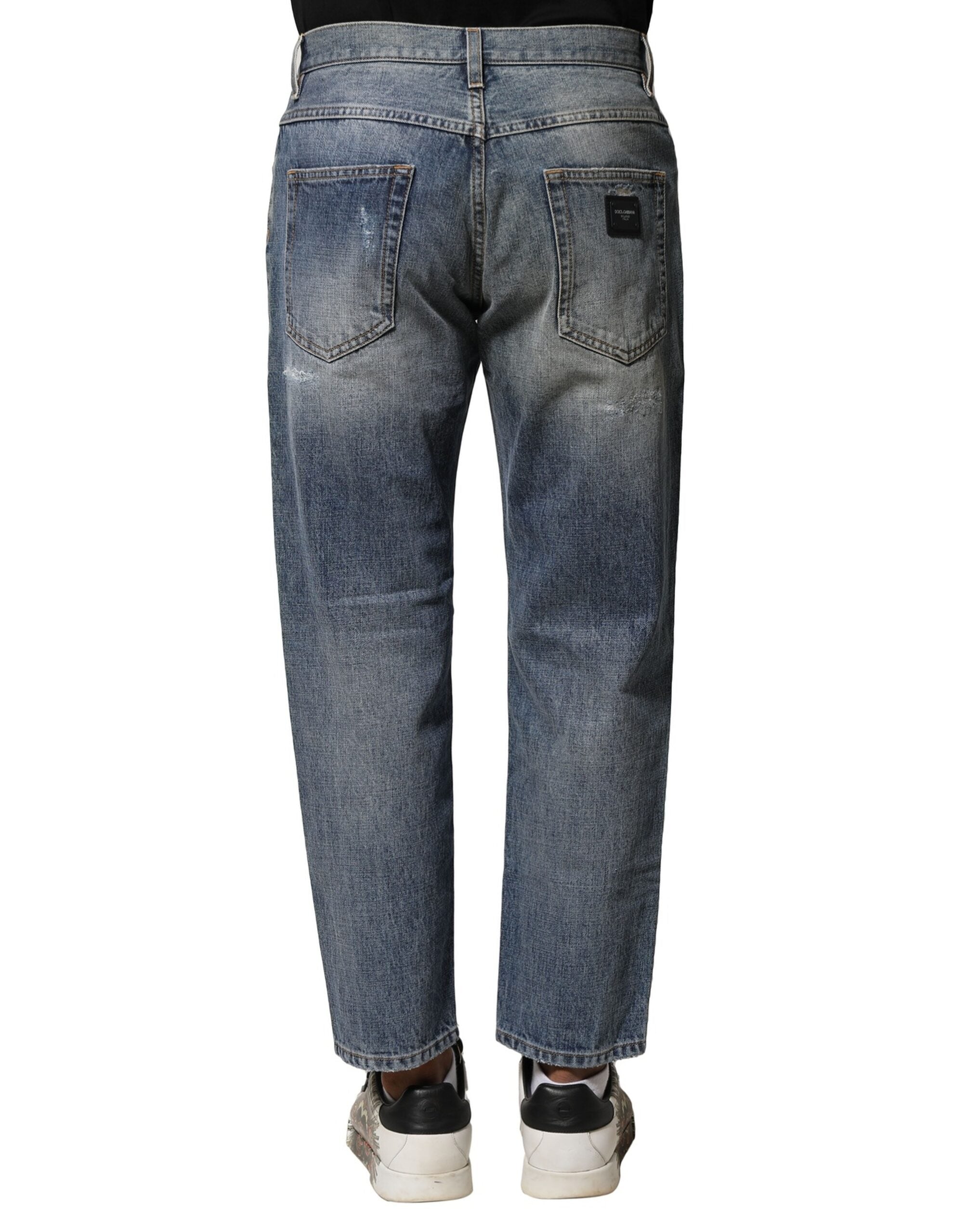 Blue Washed Tattered Straight Fit Denim Jeans