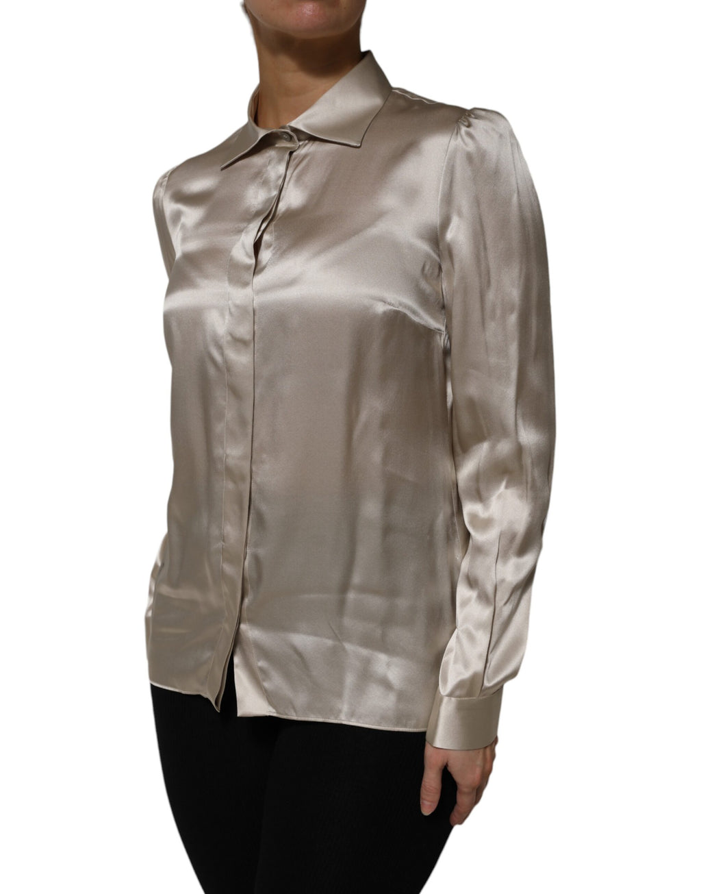 Beige Satin Silk Collared Long Sleeves Top