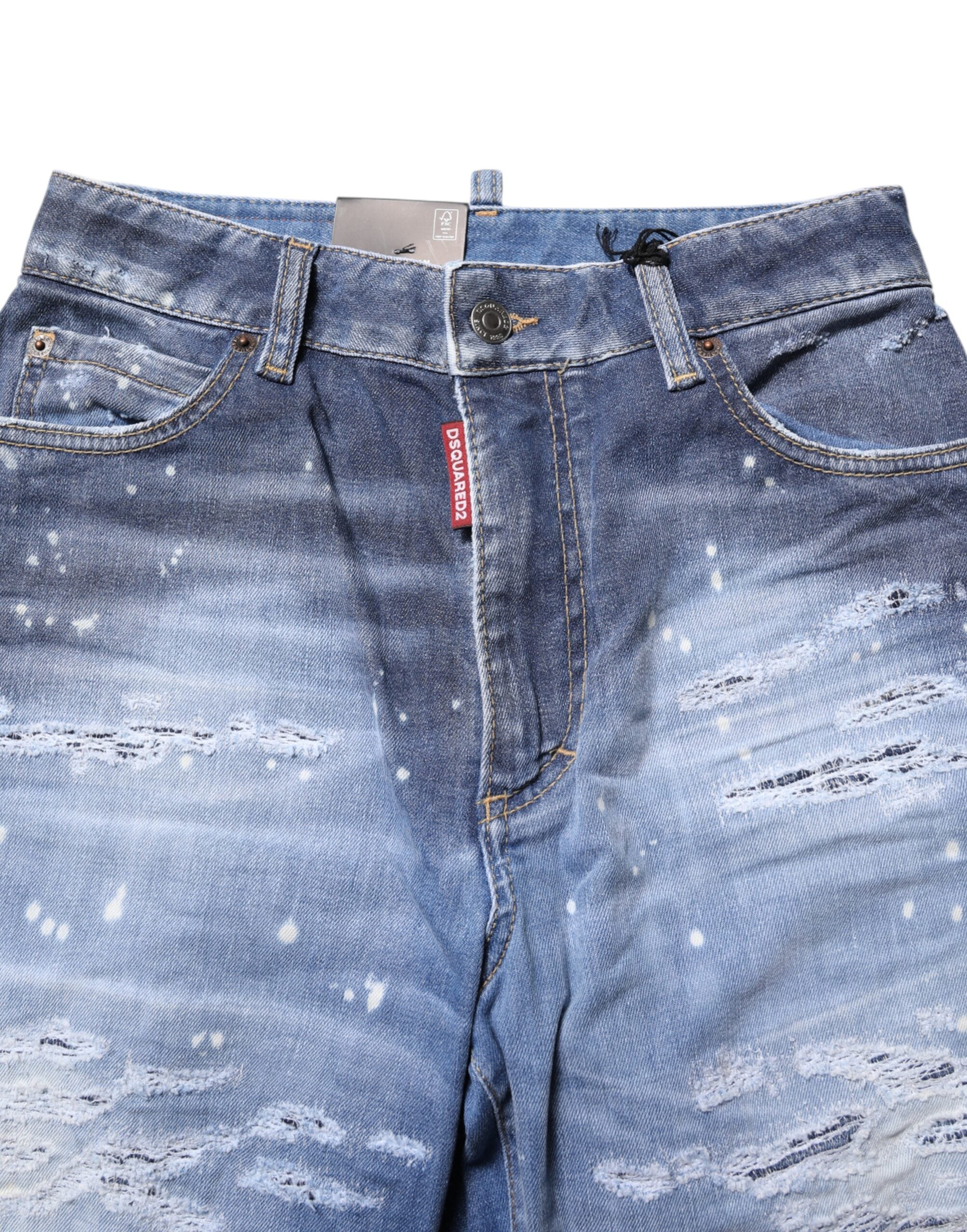 Blue Tattered Cotton Mid Waist Straight Denim Jeans