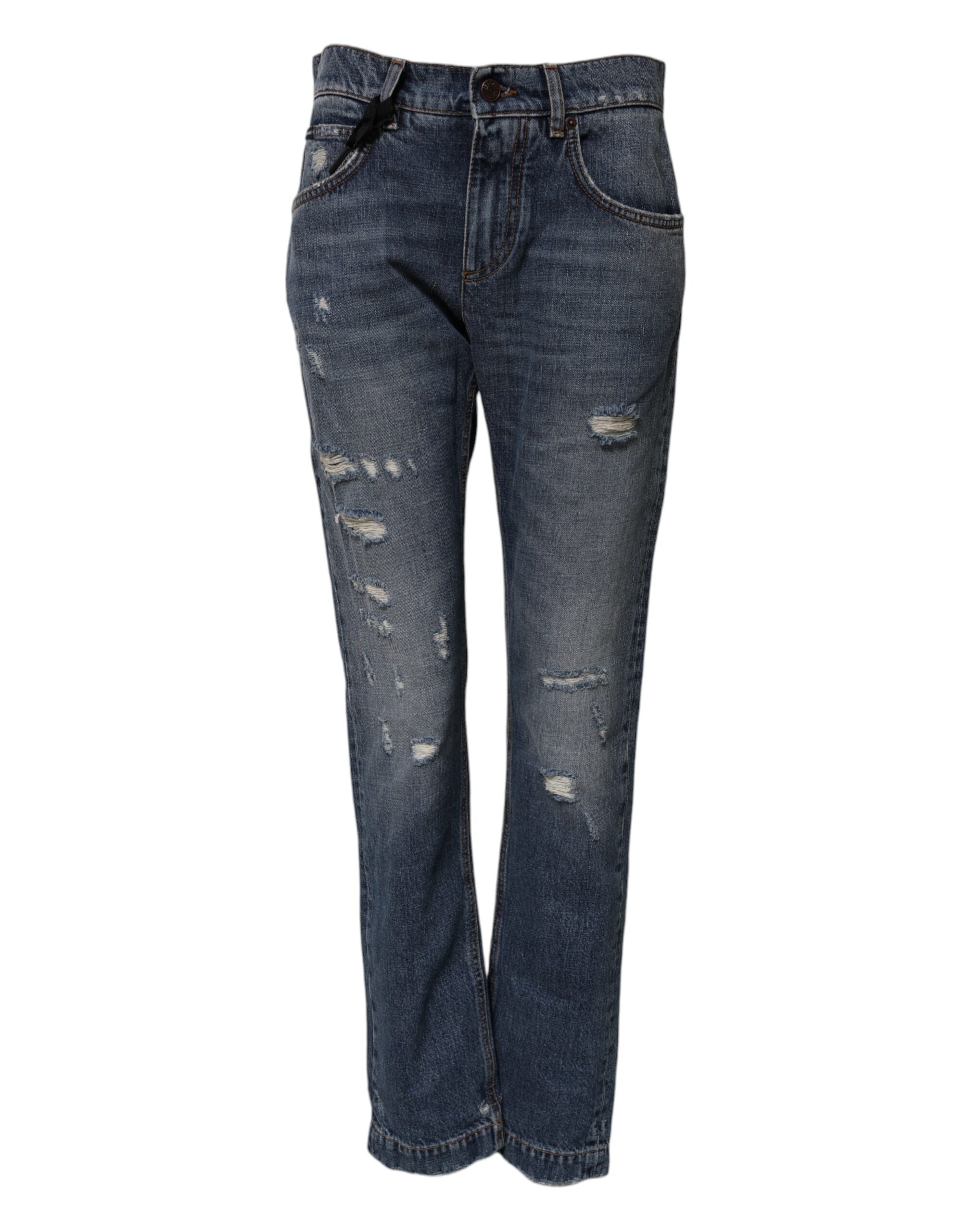 Blue Cotton Tattered Boyfriend Denim Jeans