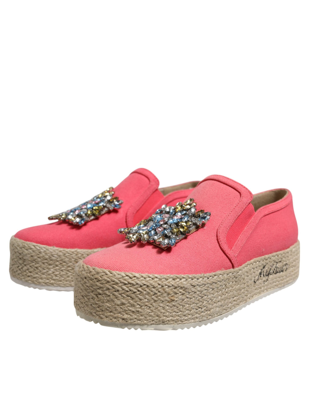 Pink Canvas Crystal Embellished Slip On Shoes