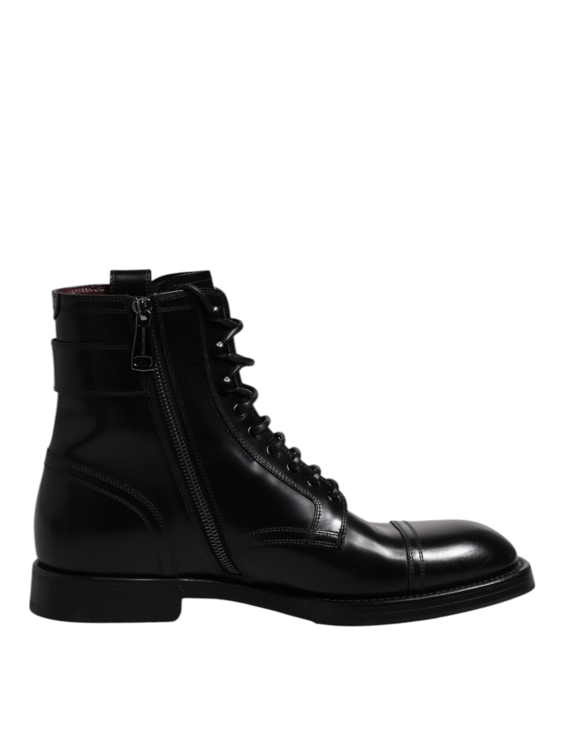 Black Leather Mid Calf Boots Lace Up Shoes