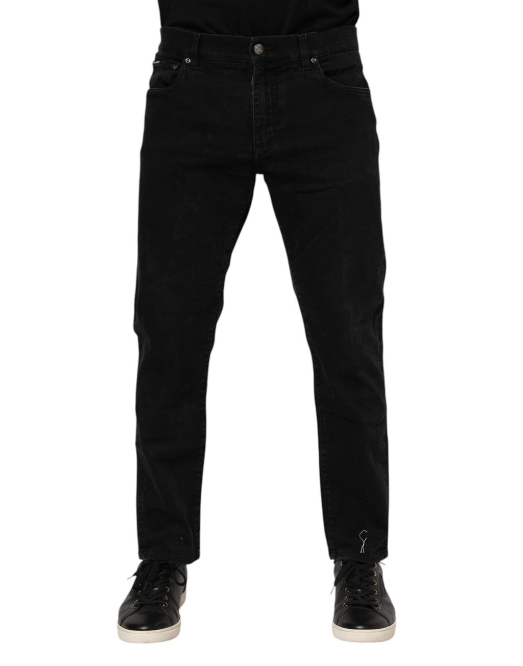 Black Cotton Logo Plaque Slim Fit Denim Jeans