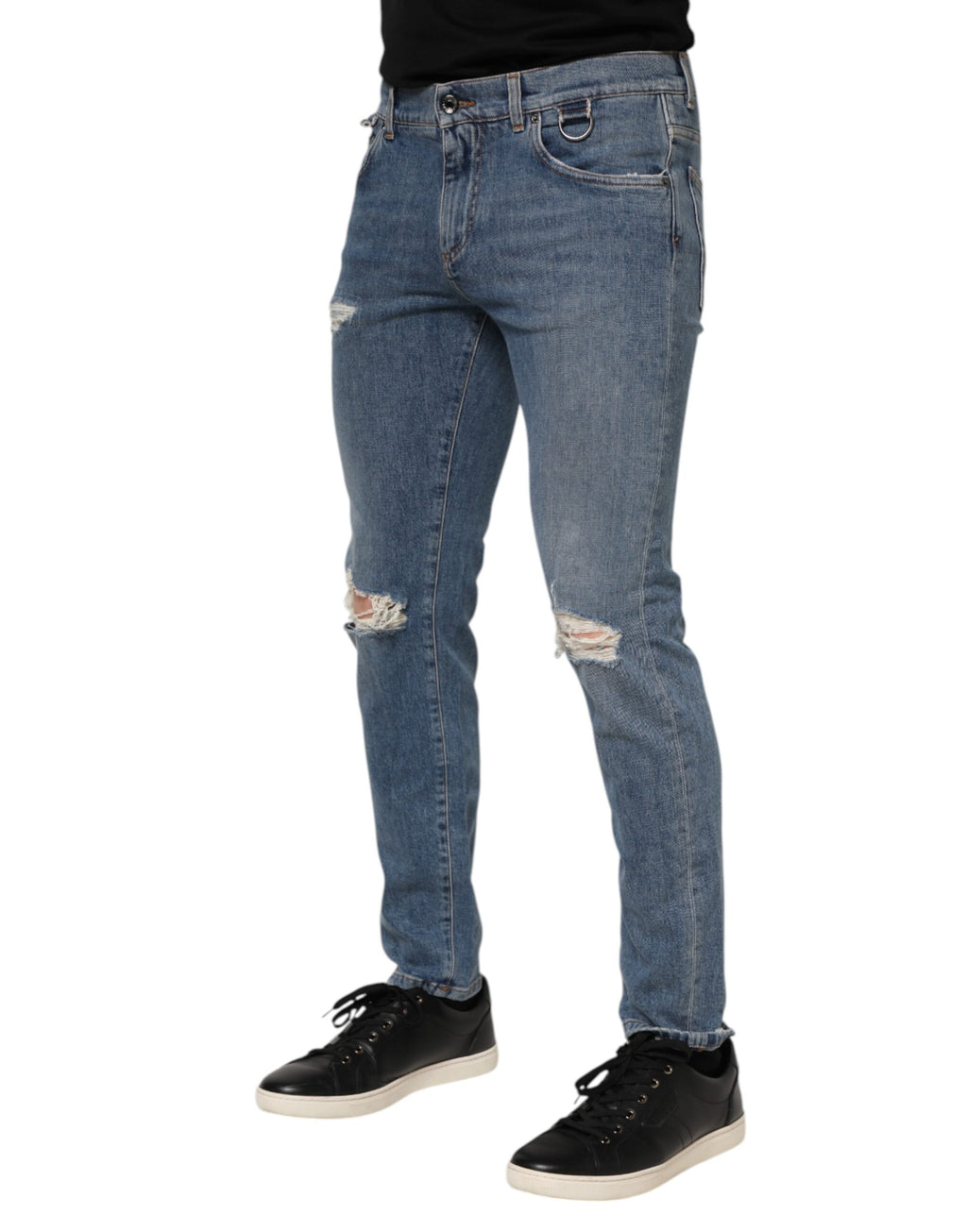 Blue Cotton Tattered Skinny Logo Denim Jeans
