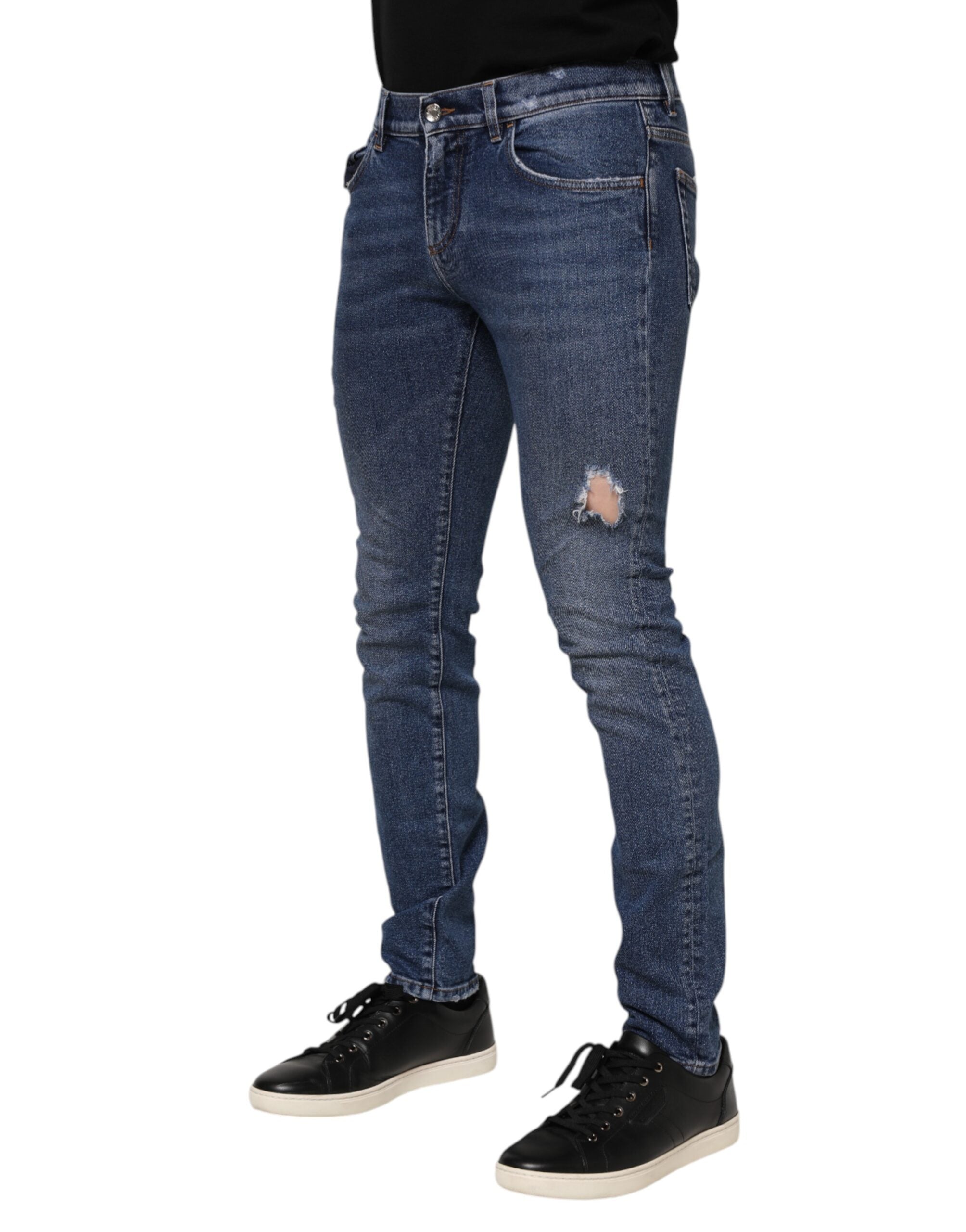 Blue Washed Skinny Cotton Tattered Denim Jeans