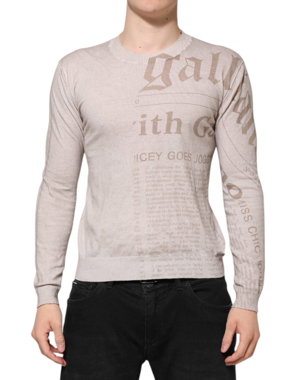 Beige Printed Logo Roundneck Long Sleeves Men Sweater