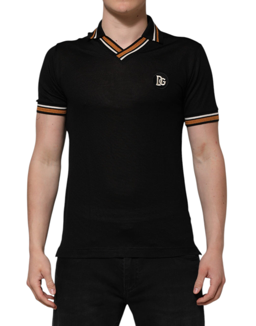 Black DG Silk V-neck Collared Men Polo T-shirt