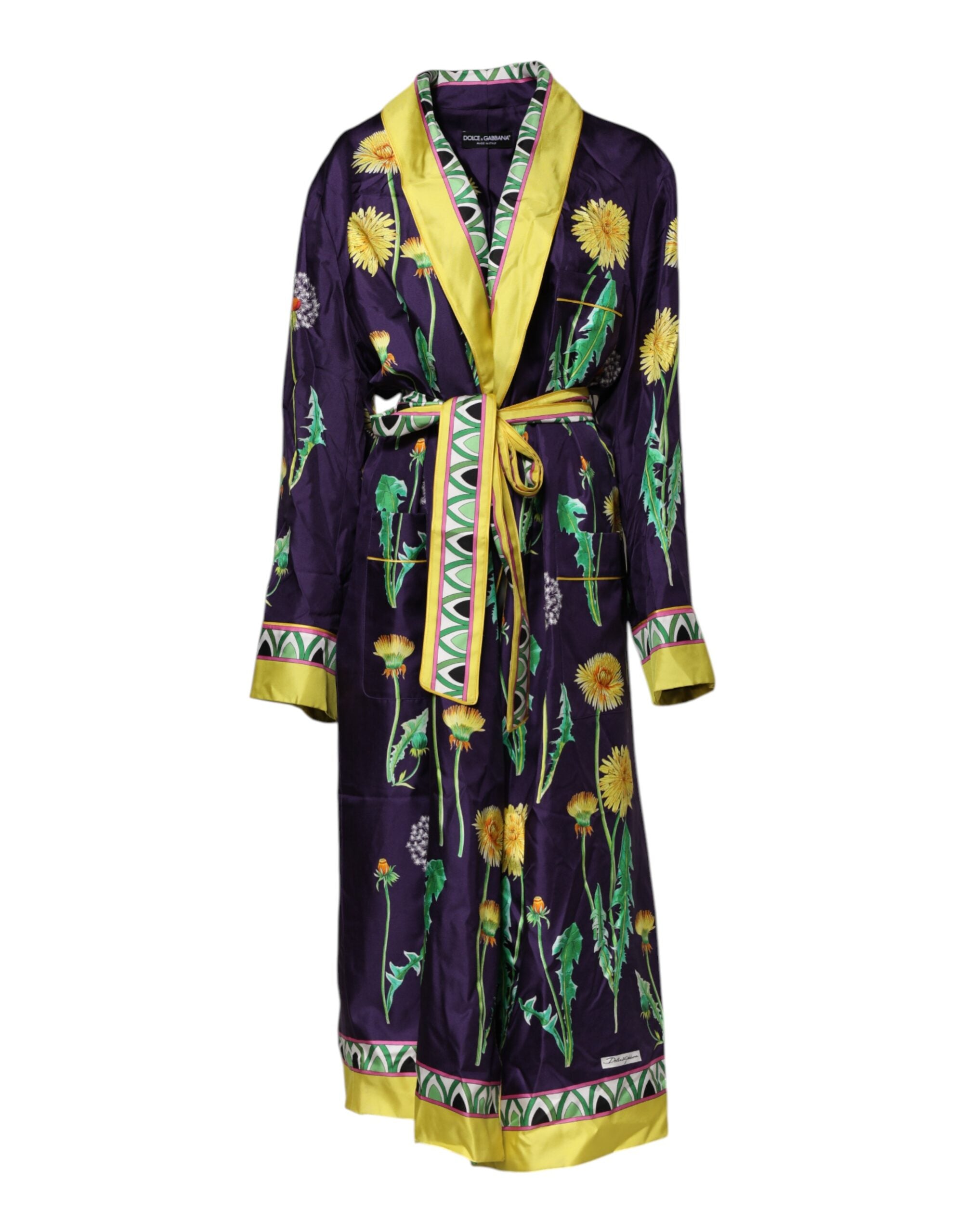 Blue Floral Print Silk Long Sleeves Wrap Robe
